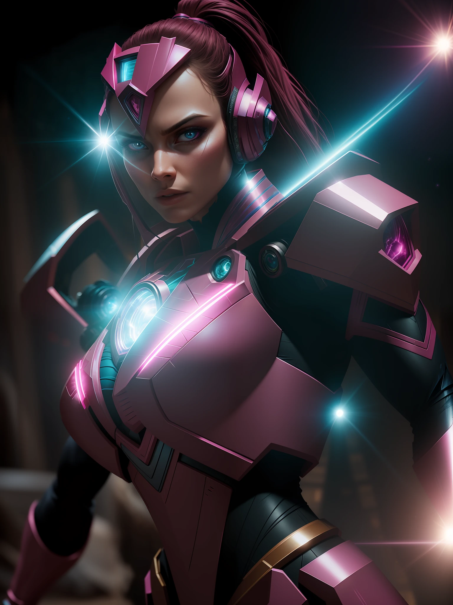 Movie scene, close-up shot of Pink Mystic Force Ranger from Power Rangers, distorted space, distorted undead in the background, lens flares, light shafts, intricate details, highly detailed, volumetric lighting, 4k rendering, stock photo, hyper-realistic, realistic textures, dramatic lighting, Unreal Engine