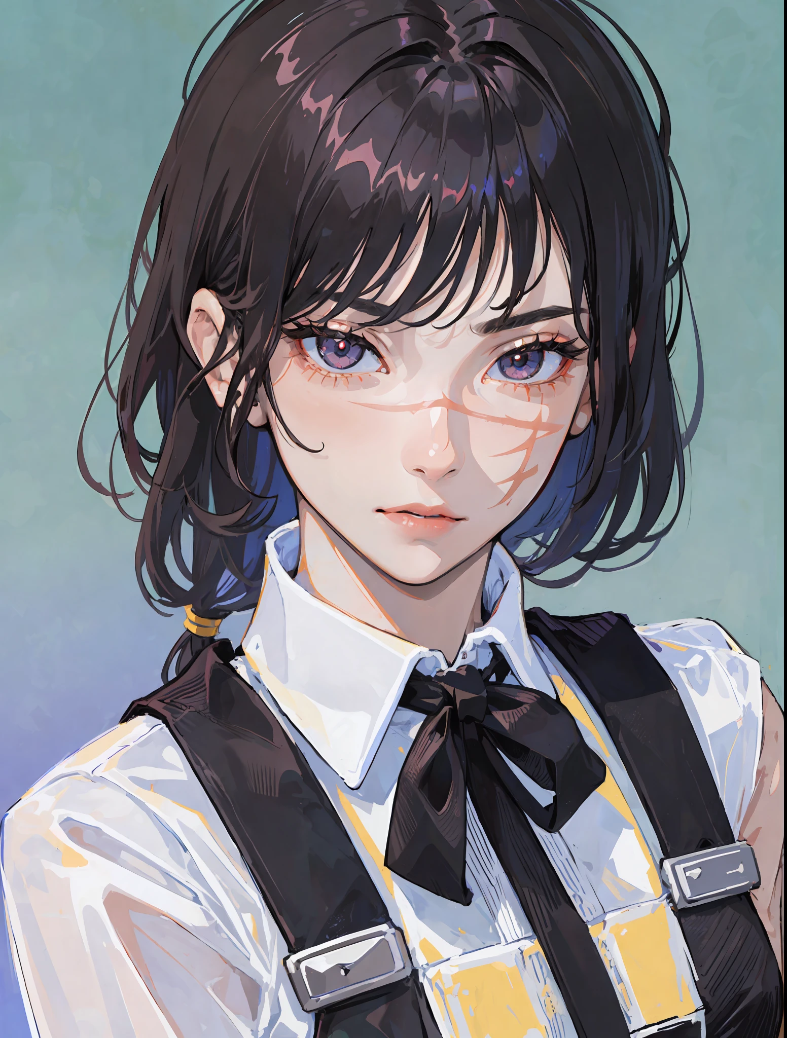 ((masterpiece, best quality)), (1girl), (solo), (female focus), yoru \(chainsaw man\),(very detailed face, real image, realistic white skin, realistic body, intricate details), upper body, focus on face,hair tied, intimidating look, black pinafore dress, shirt, neck ribbon, small breasts