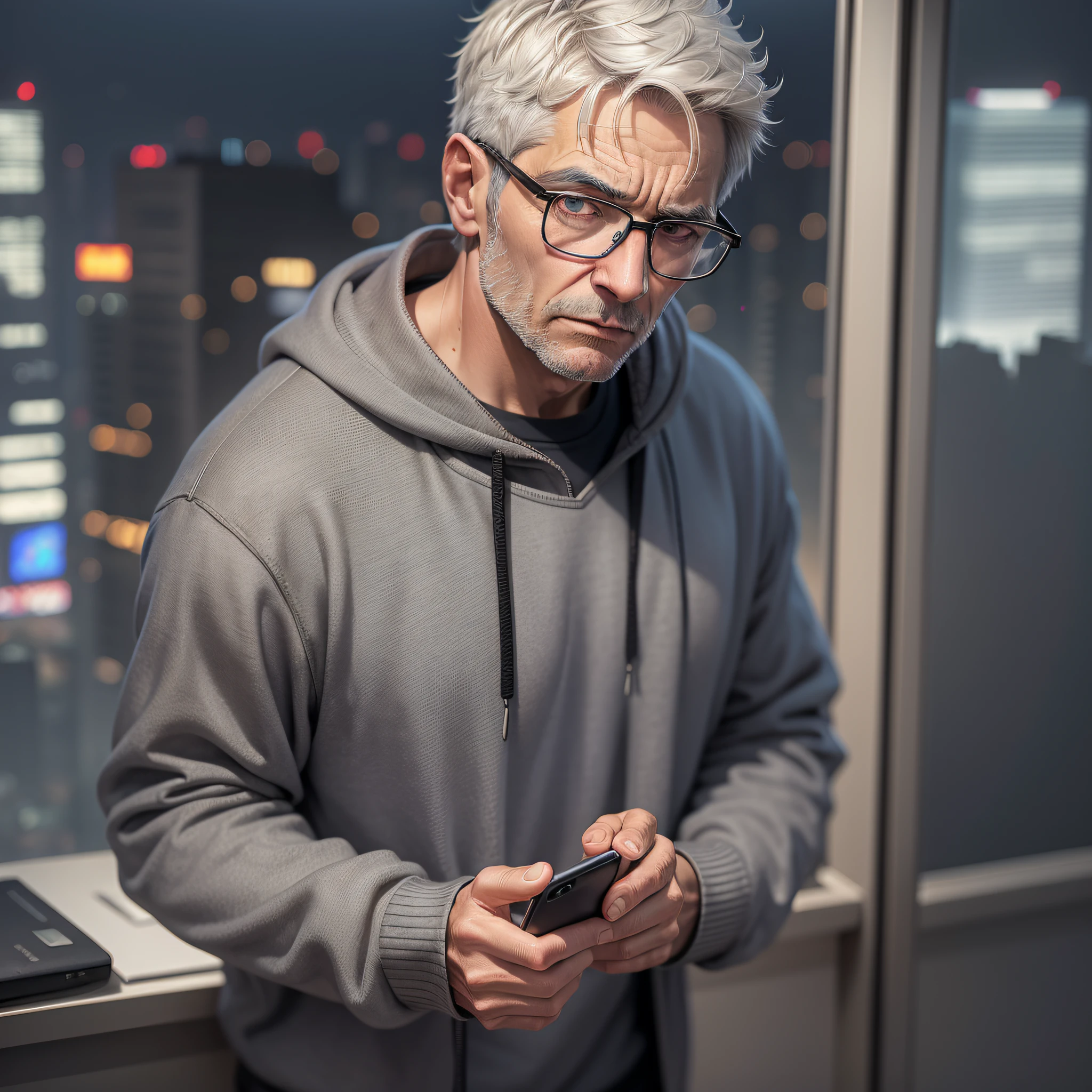 Realistic image of a man with short, gray hair, wearing glasses, wearing a black sweatshirt, wrinkled, thin, standing, talking on his cell phone, cell phone by his ear, face with a terrified expression, in a night office, night buildings in the landscape through the window