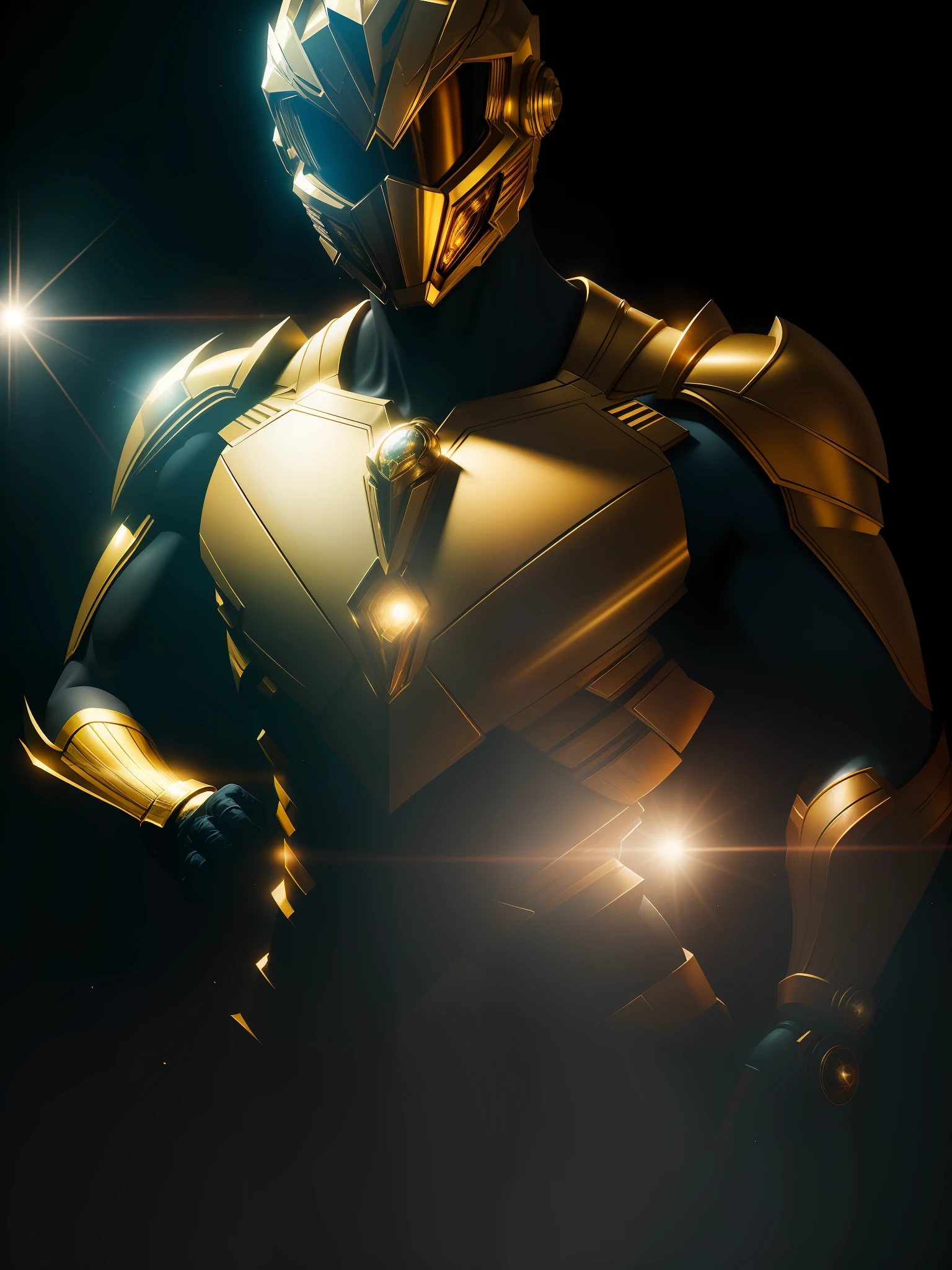 Movie scene, close-up shot of Gold Ranger from Power Rangers, distorted space, distorted undead in the background, lens flares, light shafts, intricate details, highly detailed, volumetric lighting, 4k rendering, stock photo, hyper-realistic, realistic textures, dramatic lighting, Unreal Engine