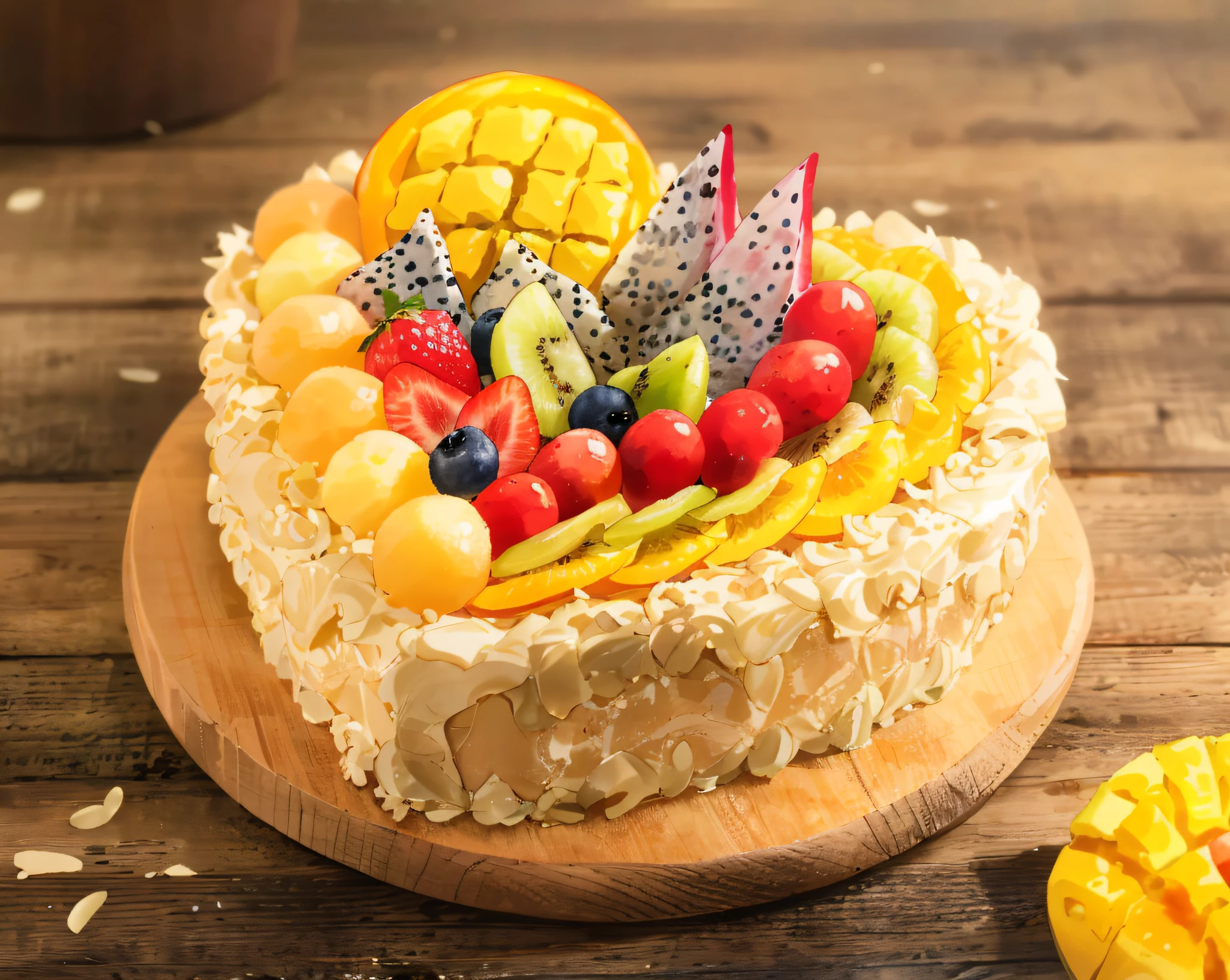 there is a cake with fruit on top of it on a wooden board, yummy, healthy, cake art, made of fruit and flowers, pastry, animal - shaped cake, made of flowers and fruit, detailed image, cute:2, exclusive, cake, delicious, high quality food photography, fruit world, luscious with sesame seeds, birthday, 3 4 5 3 1