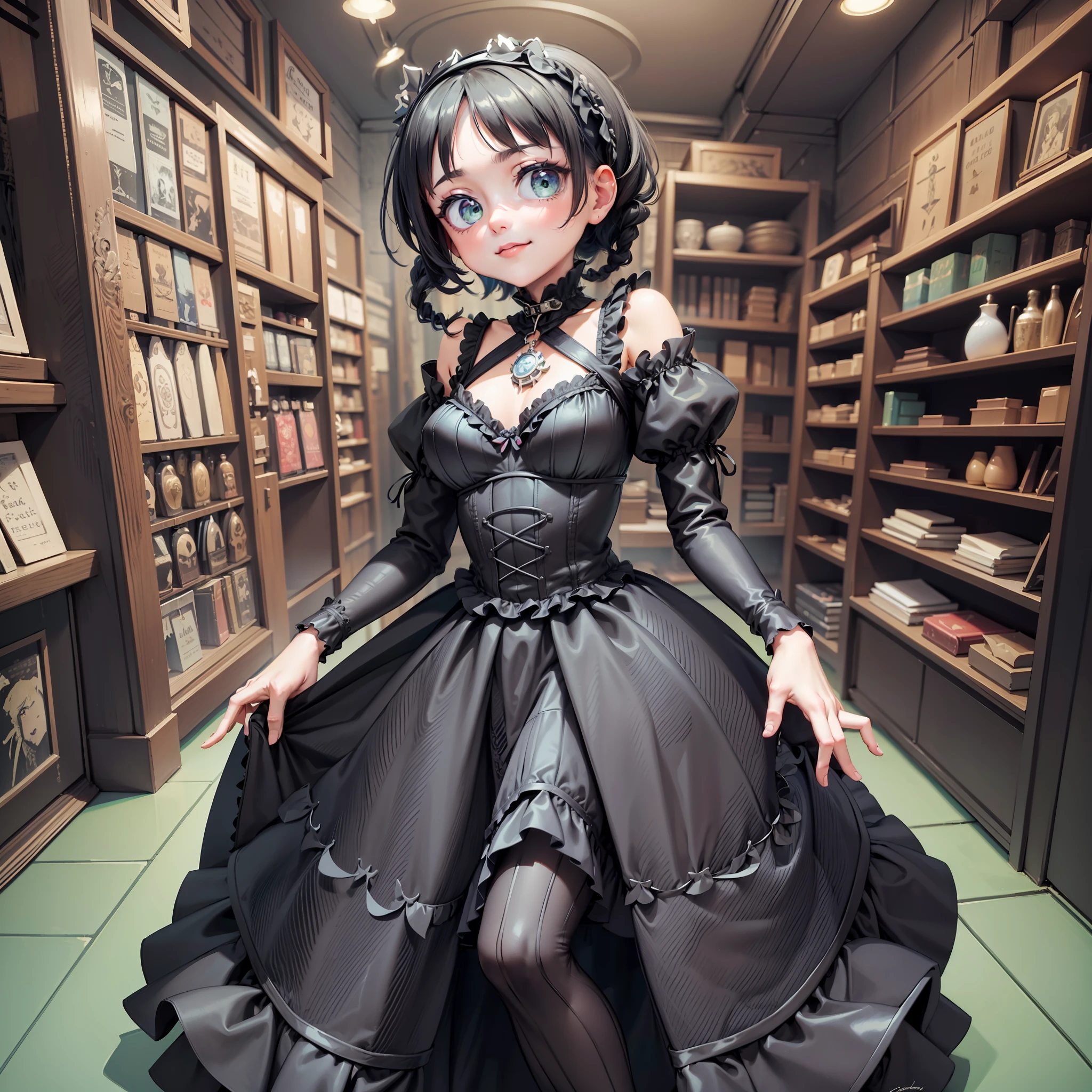 high quality, extremely detailed, lots of image quality, display high quality, beautiful young girl, young girl 16 years, girl 16 years, full body image, full body girl, goth girl, girl with short hair, short hair up to neck, curly hair, black hair, hair with braid on the right side of the head, braid on the right side of the head, light green eyes, green eyes, girl wearing black gothic dress, black gothic dress, black gothic dress with dark blue details, blue sleeve details, blue stripes on the bottom of the dress, blue details on the sleeves of the black dress, black knee-length gothic dress, black goth dress with short sleeves and puffs, black dress with dark blue details, Gothic girl in black dress, gothic ta, gothic loligothic Victorian style dress, Victorian era dress in gothic style, modern victorian dress, modern gothic dress, gothic girl in modern gothic victorian dress, girl posing standing inside antique shop, interior of antique shop, girl posing smiling for photo, shop with antique items, antique vases, antique books, ancient statues, small ancient statues, antique weapons in antique shop, beautiful anime girl, small breasts, beautiful breasts, striking breasts, small breasted gothic girl