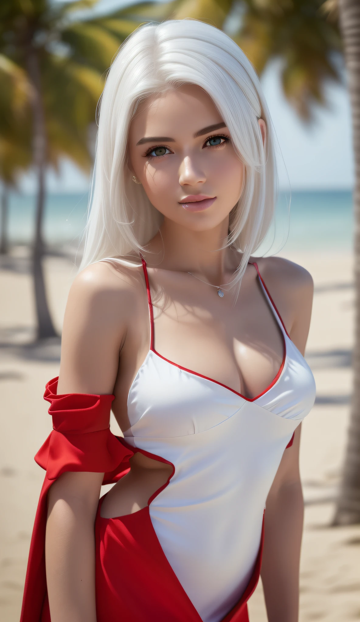 ((Realistic lighting, Best quality, 8K, Masterpiece: 1.3)), Light focus: 1.2, 1girl, Perfect body beauty: 1.4, Slim Abs: 1.1, (((White hair)), (((Red dress: 1.4))), (Outdoor: 1.1), Beach, sea, Super thin face, Fine and detailed eyes