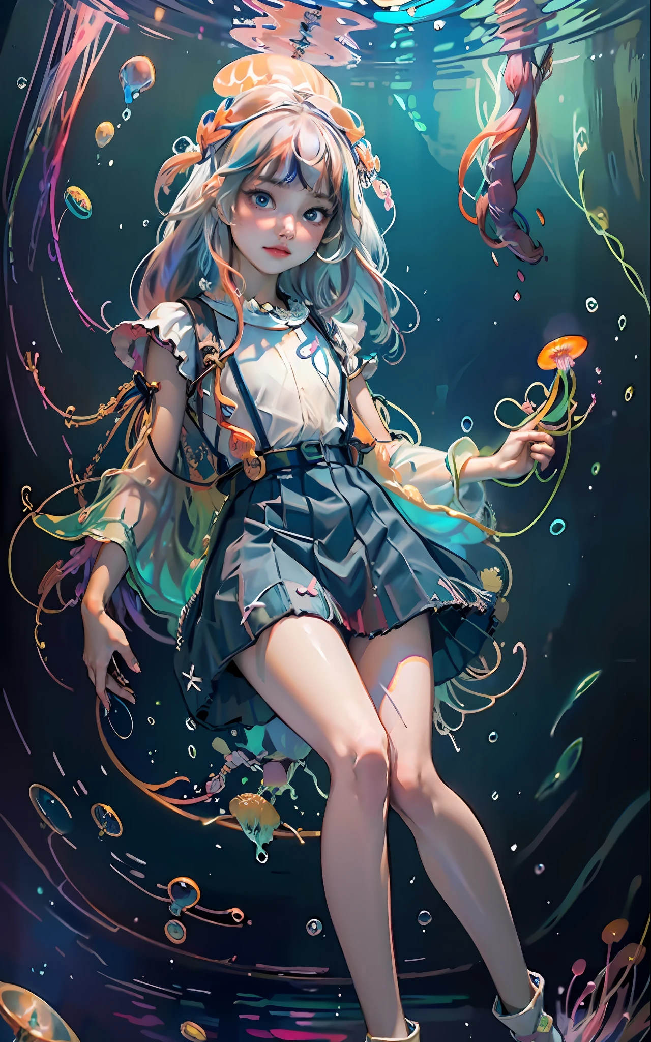 masterpiece), (best quality), masterpiece (official art, extremely detailed 8k CG unity wallpaper), supreme detail, photography, (very detailed), ((absurd)), 1girl, mid-shot, (exquisite facial features), (serafuku: 1.3) (( SFW)),((light hands)), ((white thighs without shoes)),aqua eyes, colored contact lenses, stars in eyes, ((((colored bubble))), colored glass, (album cover), Her hair stood out floating above her head, multicolored bubbles, she buddies a black skirt with flower embroidery, she is underwater, she floats in the water, she reaches out to a shiny and translucent fish, colorfull, air bubble, letterboxed, jellyfish, particles of light