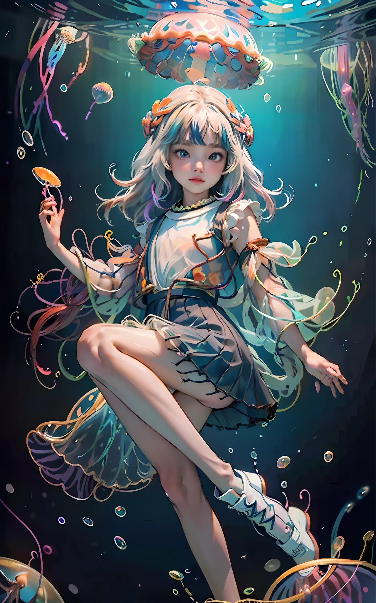 masterpiece), (best quality), masterpiece (official art, extremely detailed 8k CG unity wallpaper), supreme detail, photography, (very detailed), ((absurd)), 1girl, mid-shot, (exquisite facial features), (serafuku: 1.3) (( SFW)),((light hands)), ((white thighs without shoes)),aqua eyes, colored contact lenses, stars in eyes, ((((colored bubble))), colored glass, (album cover), Her hair stood out floating above her head, multicolored bubbles, she buddies a black skirt with flower embroidery, she is underwater, she floats in the water, she reaches out to a shiny and translucent fish, colorfull, air bubble, letterboxed, jellyfish, particles of light