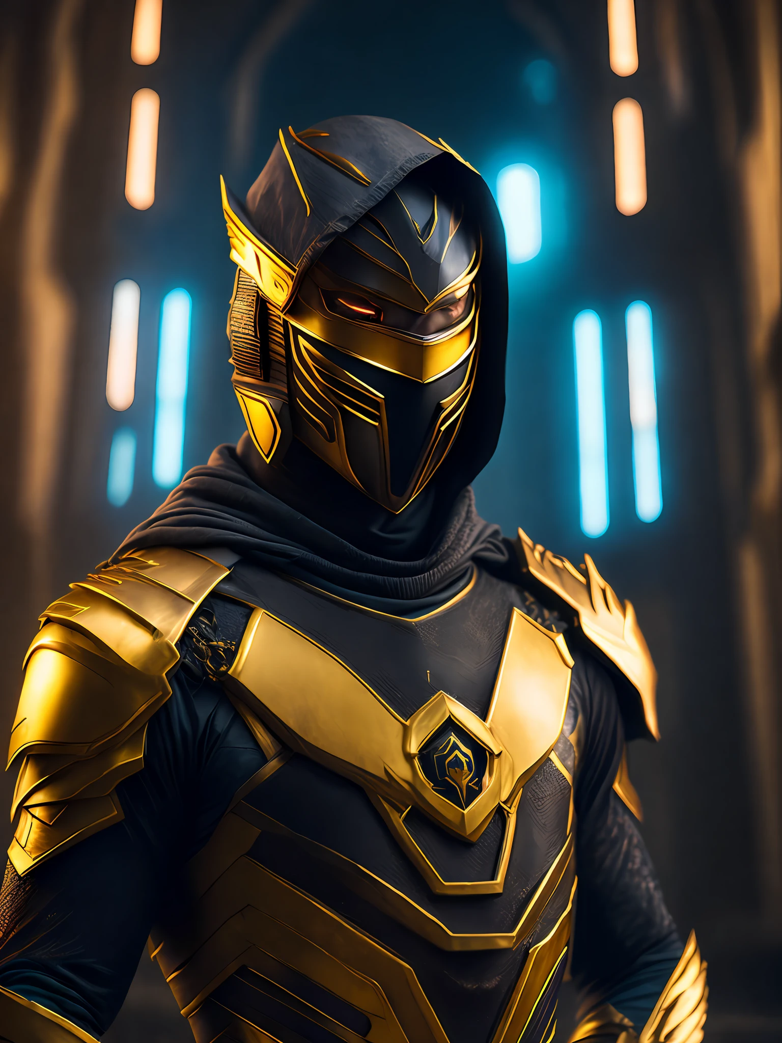 gloomy portrait of Gold Ninja Steel Ranger from Power Rangers, with intricate angular cybernetic implants inside a brutalist building, gothic brutalist cathedral, cyberpunk, award-winning photo, bokeh, neon lights, cybernetic limb