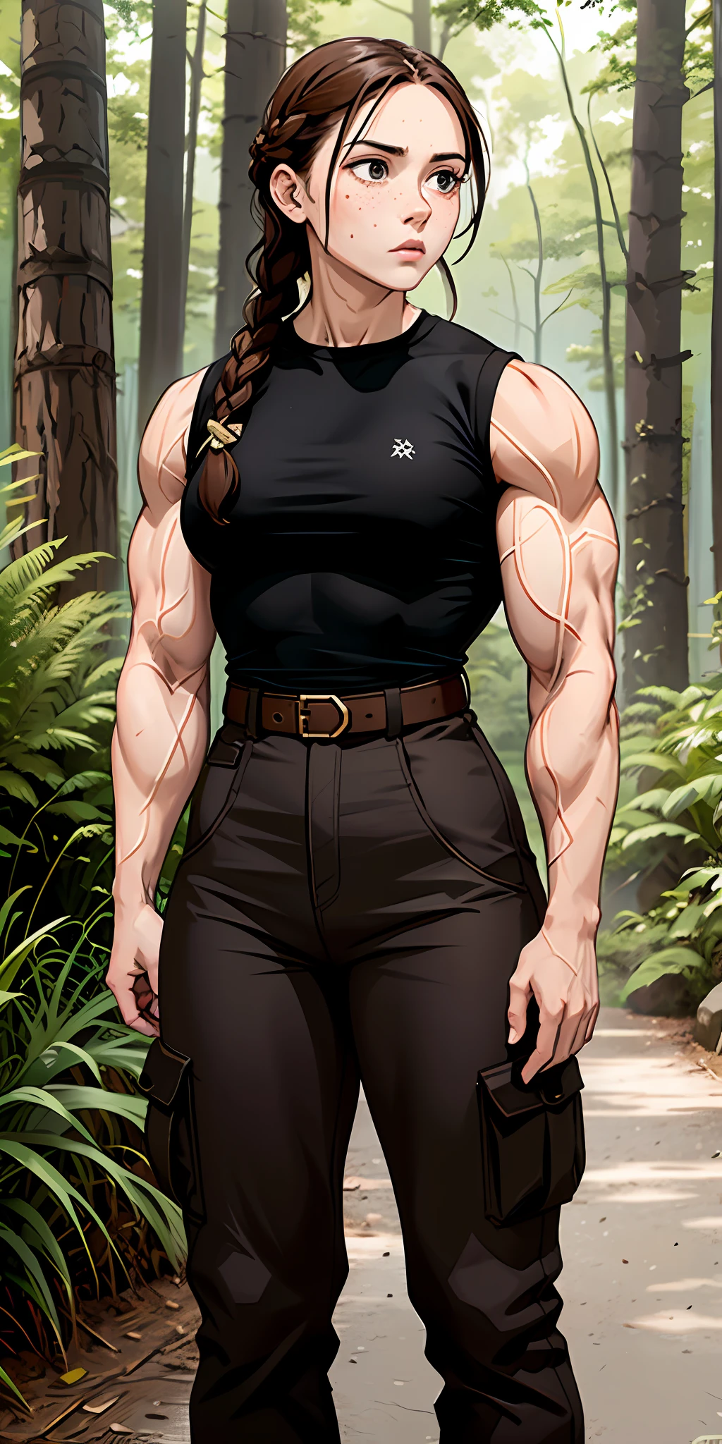 Woman, serious face, freckles hair: brown, braid, muscular, small chest, broad shoulders, large thighs, black t-shirt, military cargo pants, background: forest