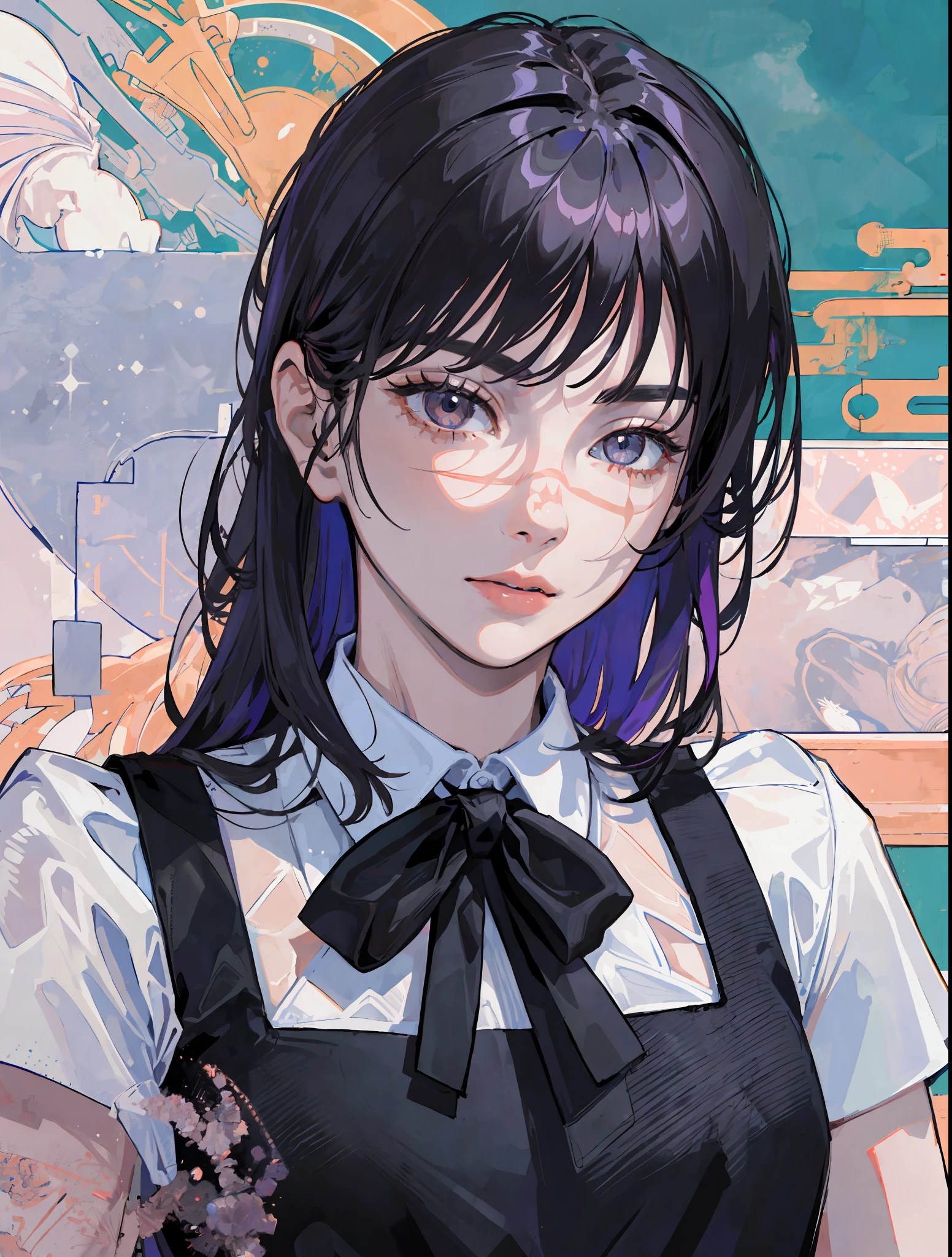 ((masterpiece, best quality)), (1girl), (solo), (female focus), yoru \(chainsaw man\),(very detailed face, real image, realistic white skin, realistic body, intricate details), upper body, focus on face,hair tied, intimidating look, black pinafore dress, shirt, neck ribbon, small breasts