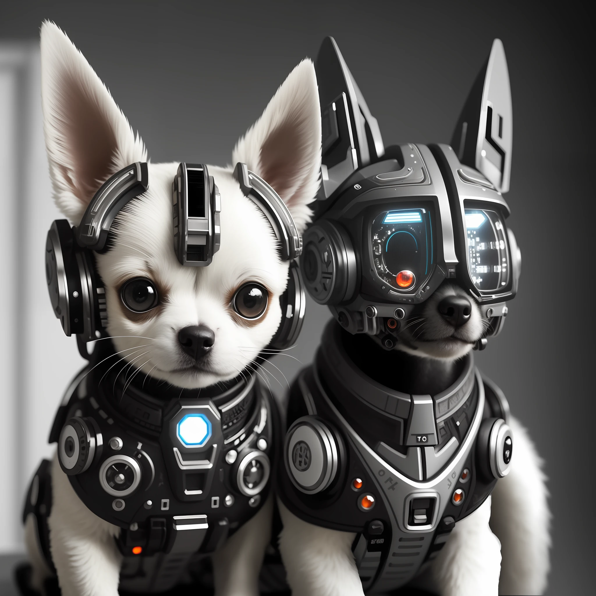 a crisp photograph of a cute cybernetic black caramel white tricoloured chihuahua puppy, (cyborg:1.4), (intricate details), hdr, (intricate details, hyperdetailed:1.2), cinematic shot, centered, stark lighting, looking away from camera, hyperrealism hyperdetailed fur, real dog fur, Fujifilm XT3