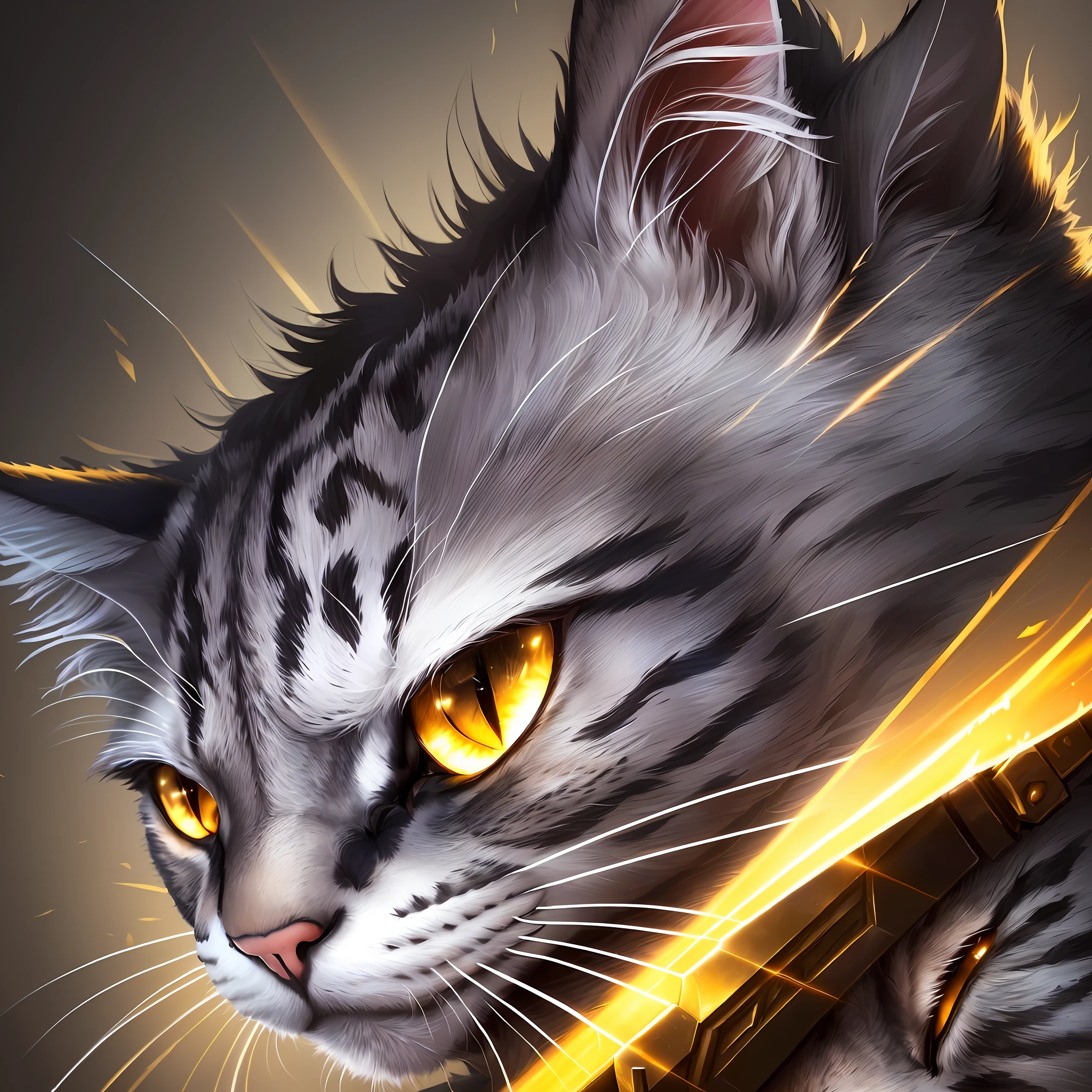 there is a cat that is holding a sword in its paws, cat warrior, warrior cats fan art, tabaxi :: rogue, armored cat, the golden cat armor knight, armored feline companion, by Yang J, close portrait, 4k detailed digital art, splash art, ashfur from warrior cats, official splash art, with glowing yellow eyes