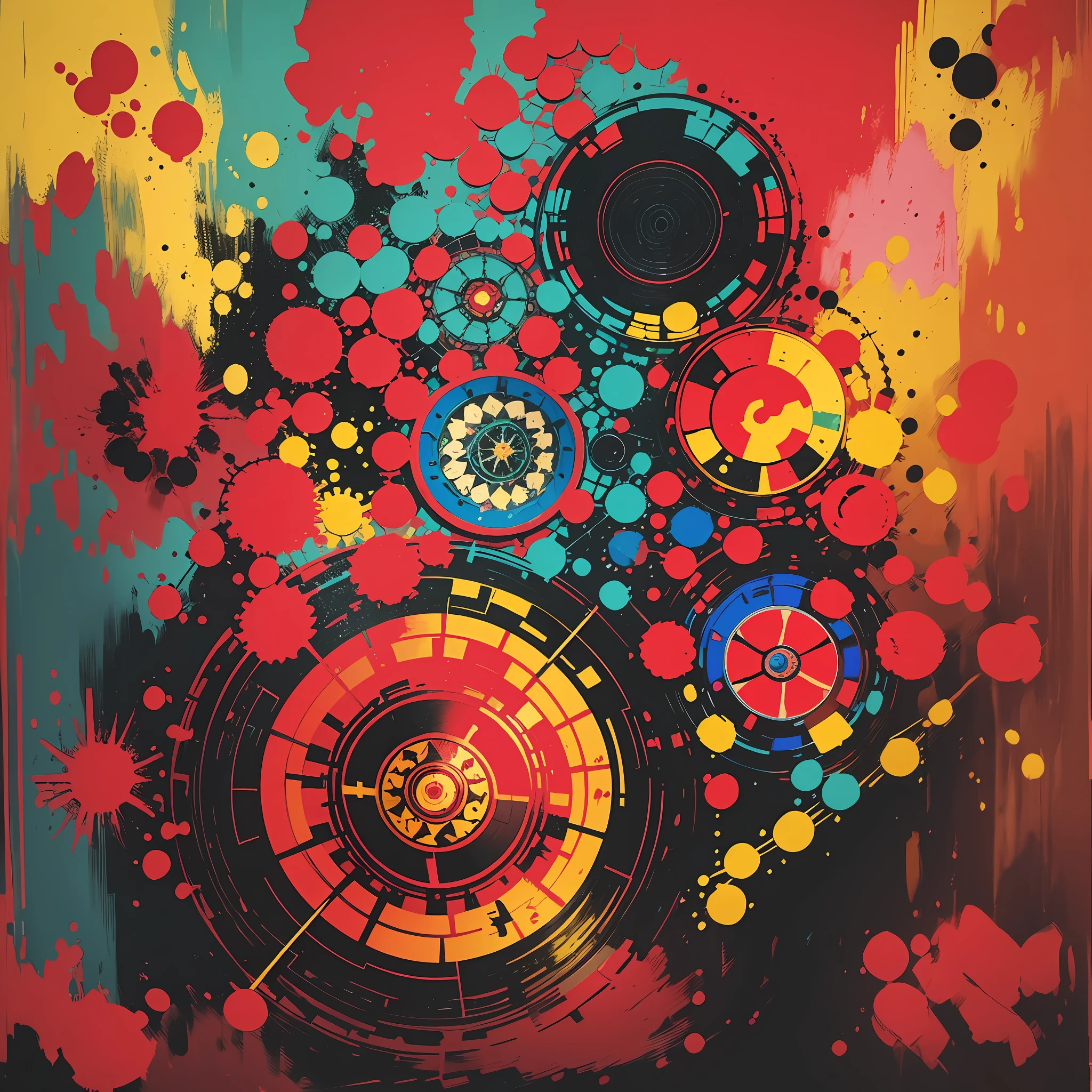 Rosas, vibrant and passionate, with deep crimson red petals, arranged in a bouquet bursting with energy and movement, a bohemian-style room with colorful tapestries and floor cushions, sunlight streaming through a stained glass window, creating a kaleidoscope of colors, a vintage record player playing melodic tunes, evoking a sense of artistic and free-spirited ambiance, Painting, acrylic on canvas with bold and expressive brushstrokes, --ar 16:9 --v 5 --auto --s2