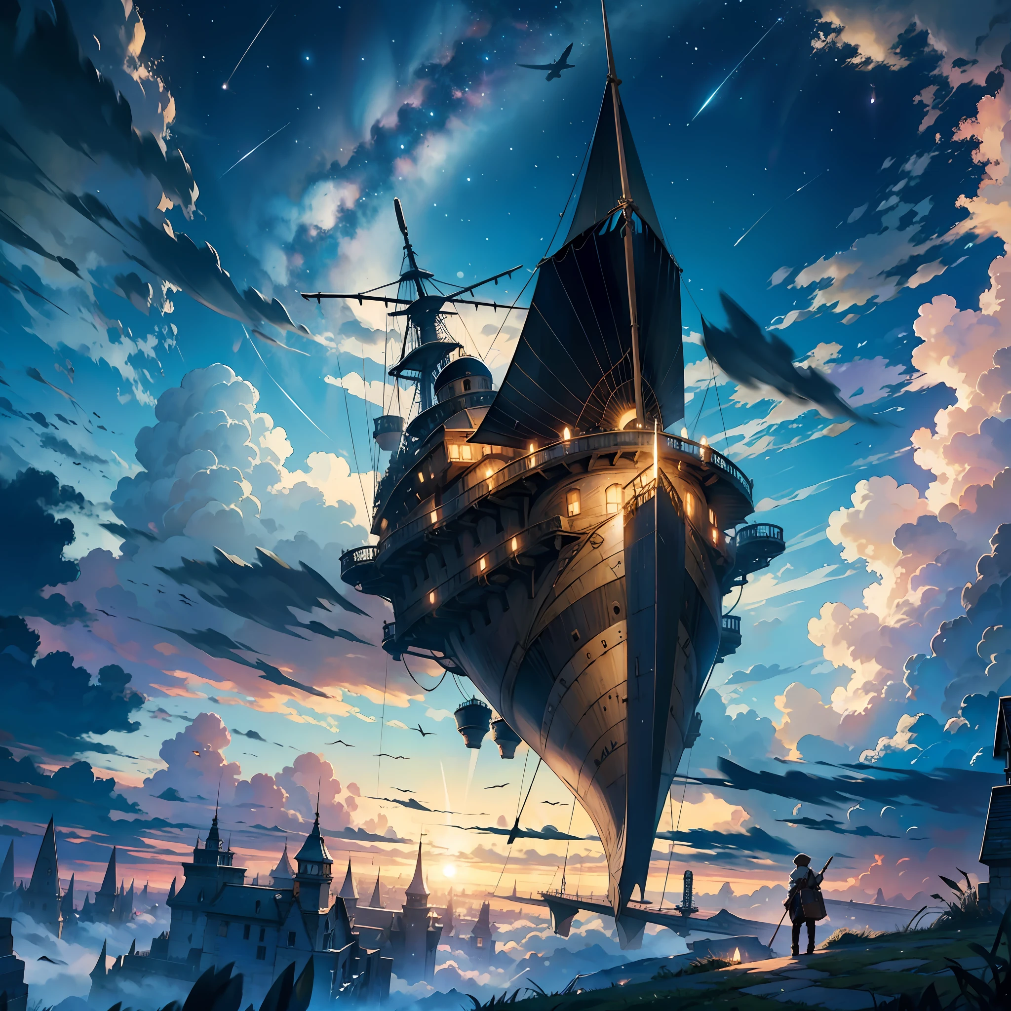 Airship, soaring over the night sky, intense clouds, clock hands flying everywhere, fantasy valley, light among the clouds.