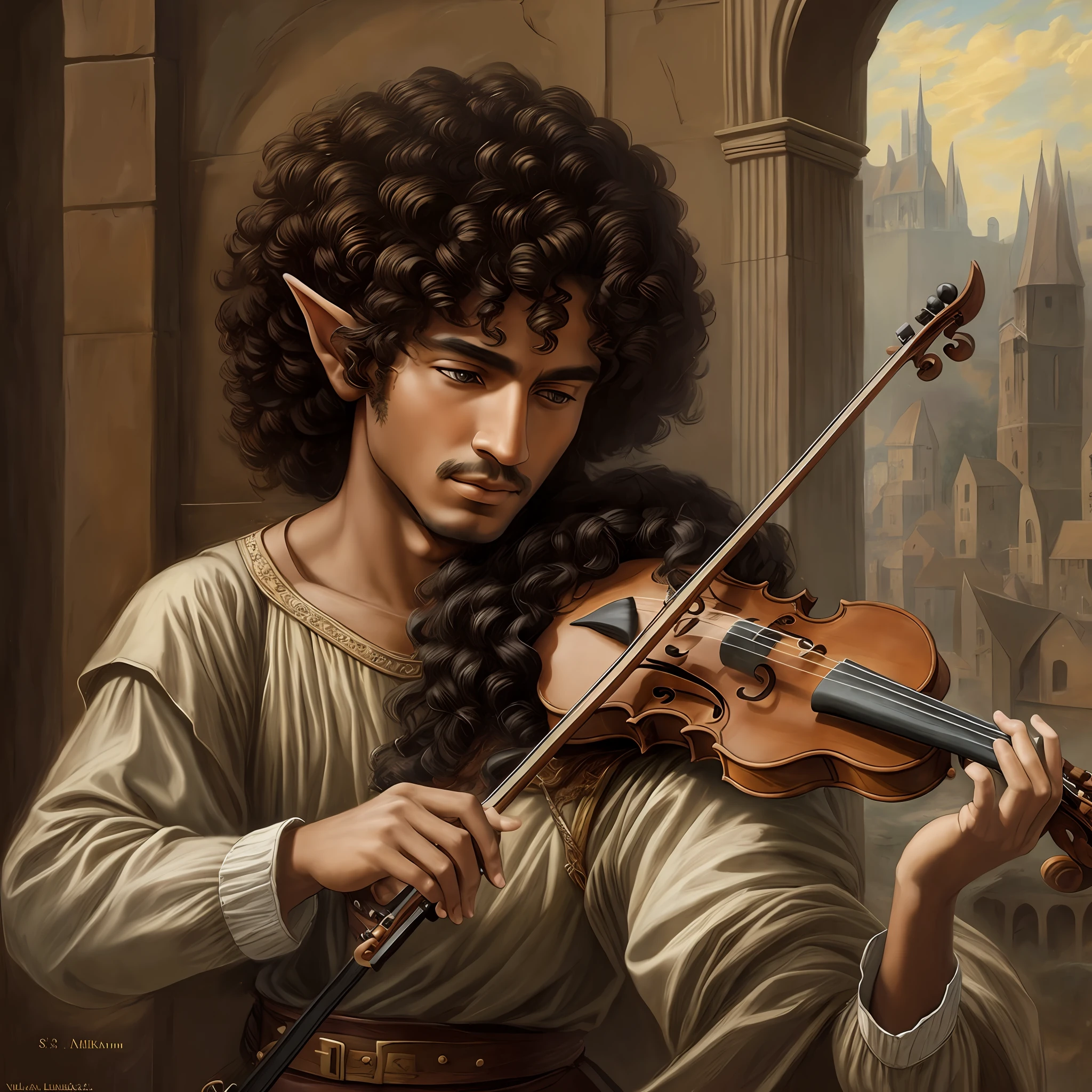 Elf man with brown skin with curly black hair playing violin medieval realist art --auto --s2