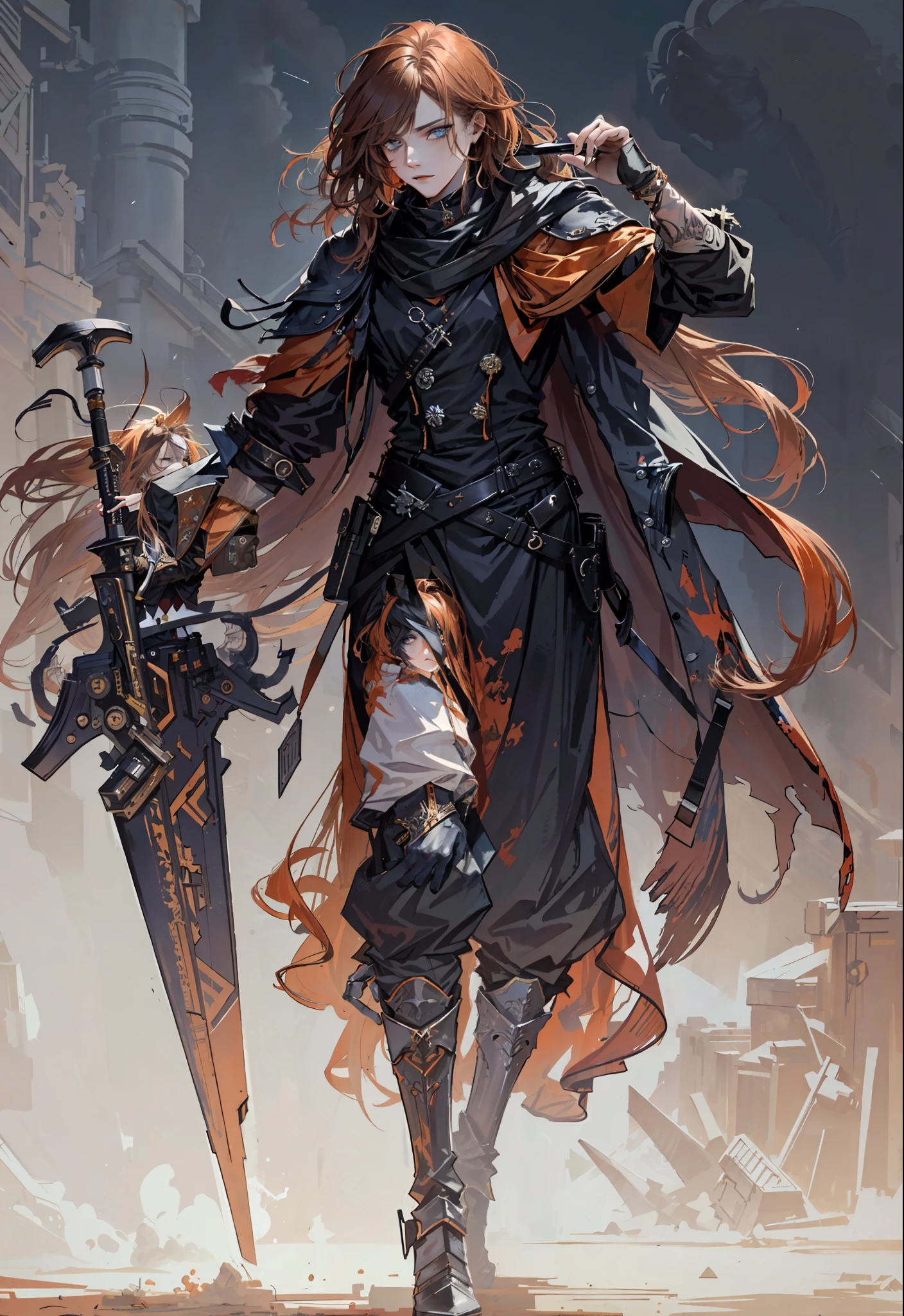 masterpiece,best quality,painting of a man,((diabolist, intricate outfit, Burnt Orange theme)),depressed look,powerfully built slender man,long hair,Musket Brown hair,side-swept fringe,Indigo Blue eyes,tall,boreal desert,intricate background,dynamic pose,action scene