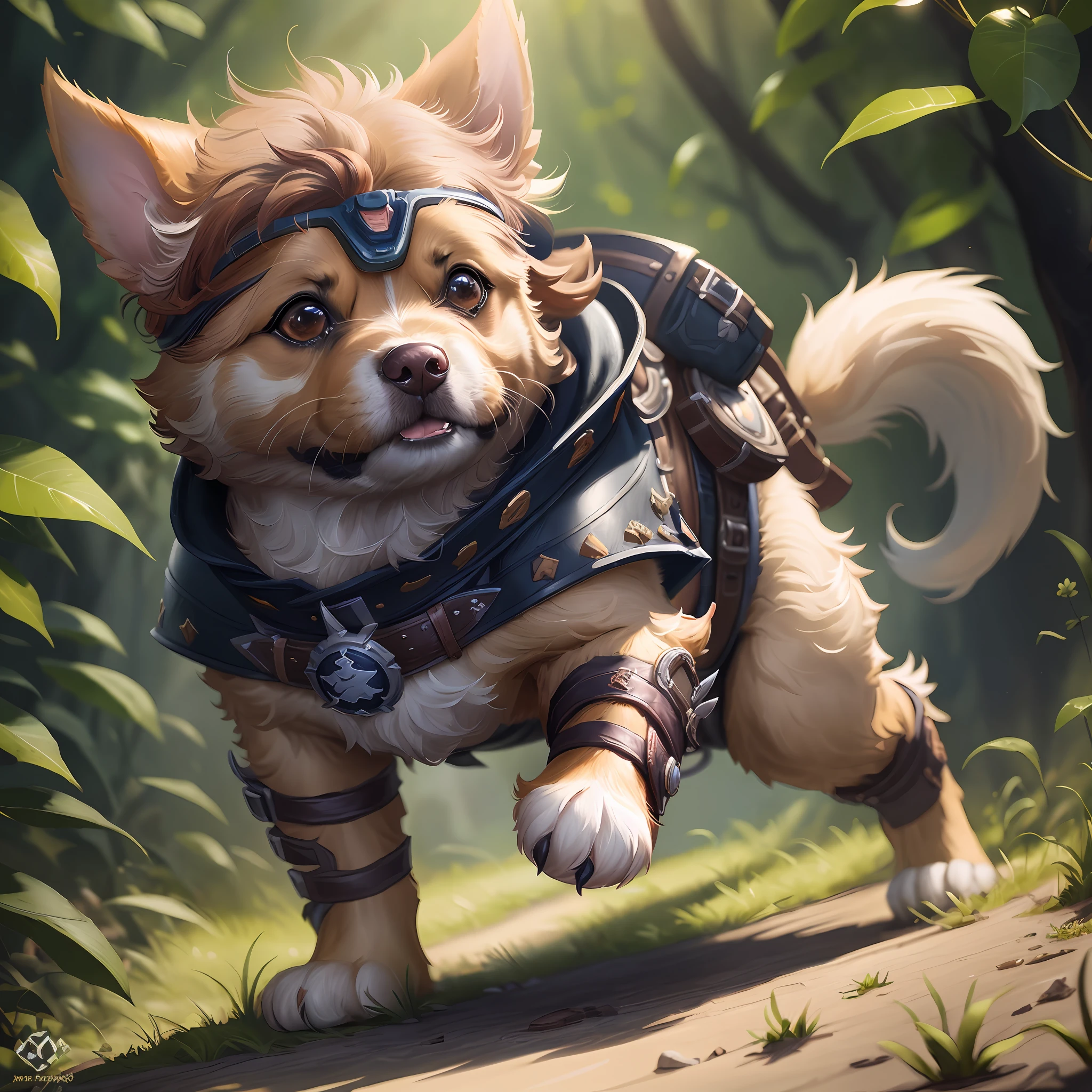 there is a dog that is wearing a leather outfit and goggles, by Yang J, adorable digital painting, by Reuben Tam, cute detailed digital art, collectible card art, hearthstone card game artwork. ”, fantasy card game art, wlop and ross tran, anthropomorphic warrior piglet, by Jason Chan, furry fantasy art, wojtek fus, full art illustration