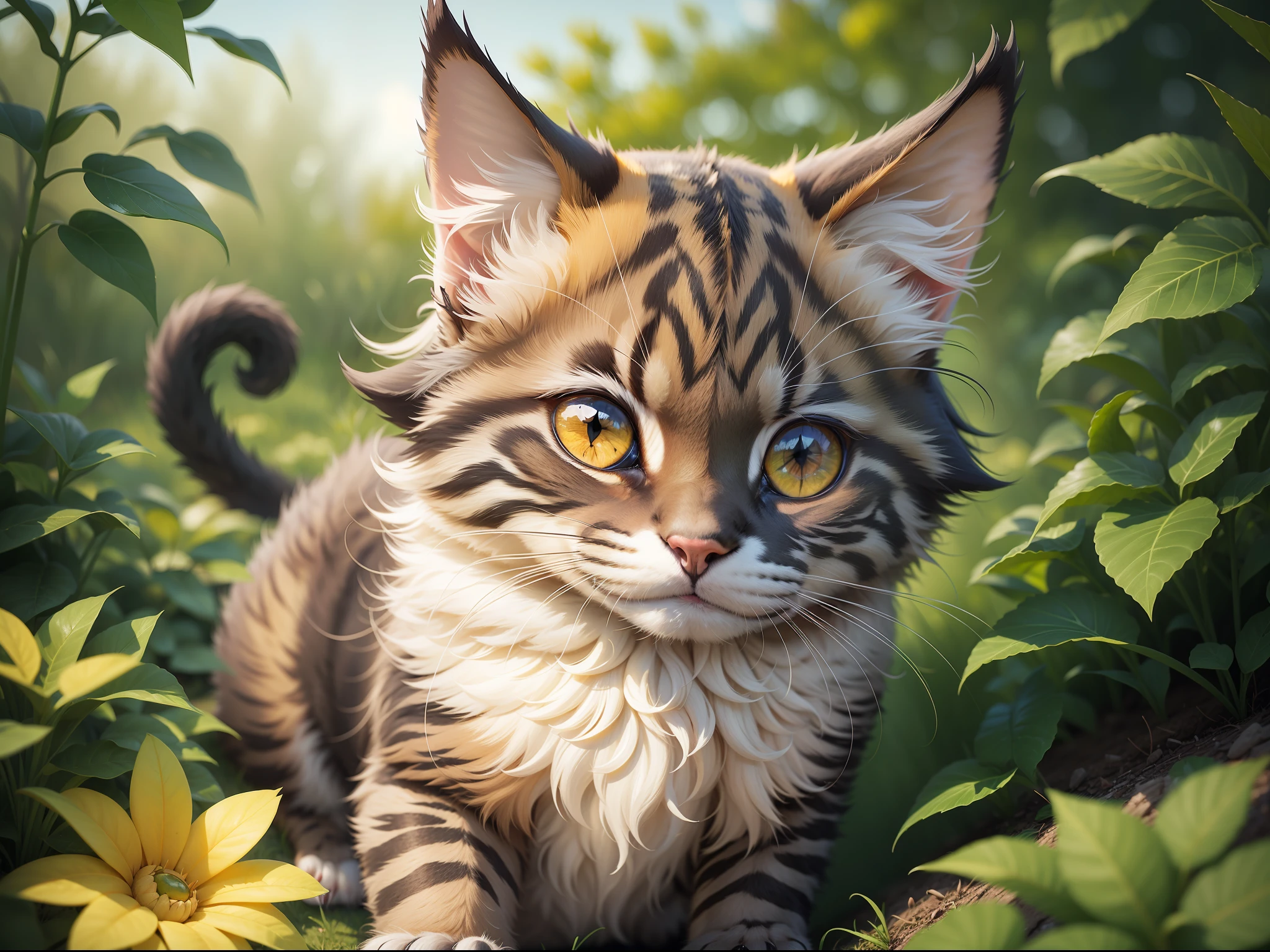 small cat, vibrant colors, big yellow eyes, big fur, sharp nails, tender look, garden background