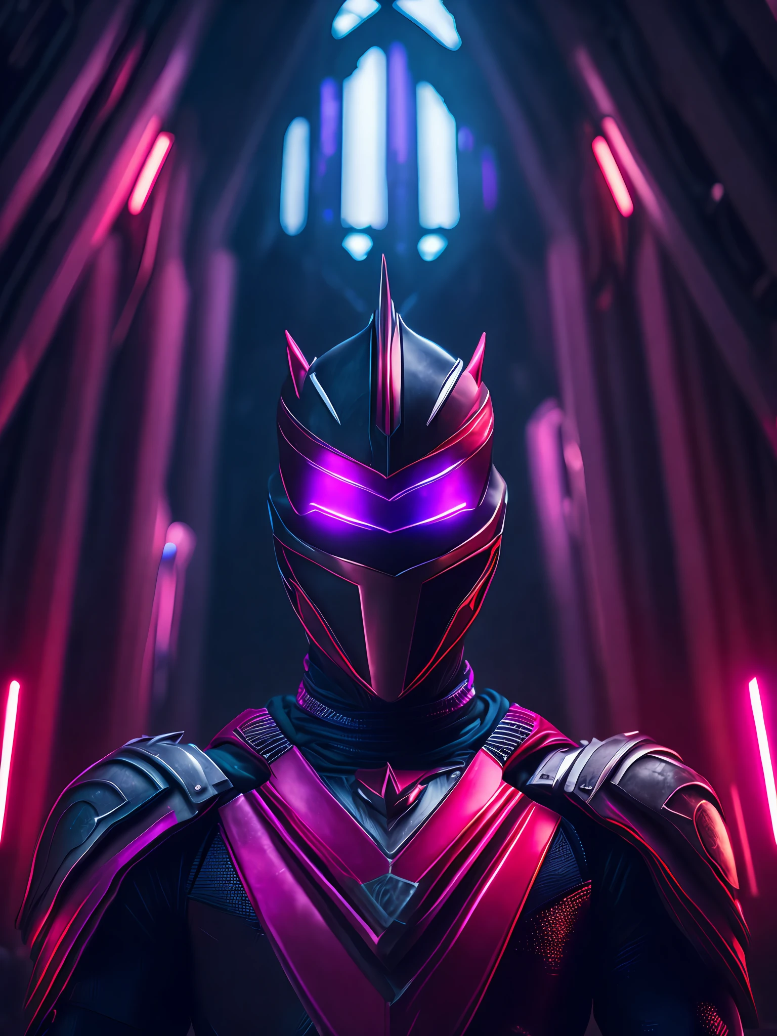 gloomy portrait of Power Rangers Time Force from Power Rangers, with intricate angular cybernetic implants inside a brutalist building, gothic brutalist cathedral, cyberpunk, award-winning photo, bokeh, neon lights, cybernetic limb