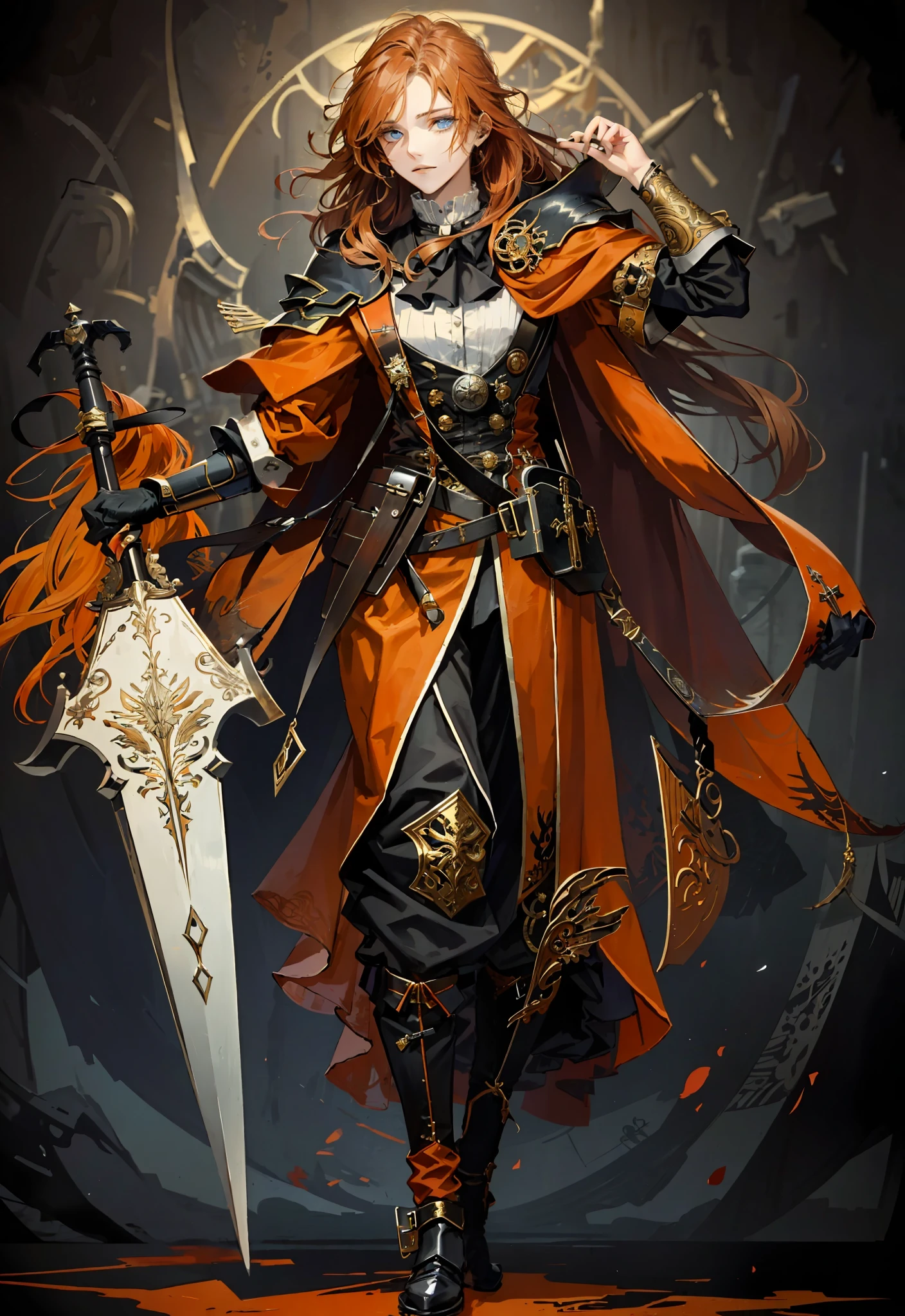 masterpiece,best quality,painting of a man,((diabolist, intricate outfit, Burnt Orange theme)),depressed look,powerfully built slender man,long hair,Musket Brown hair,side-swept fringe,Indigo Blue eyes,tall,boreal desert,intricate background,dynamic pose,action scene