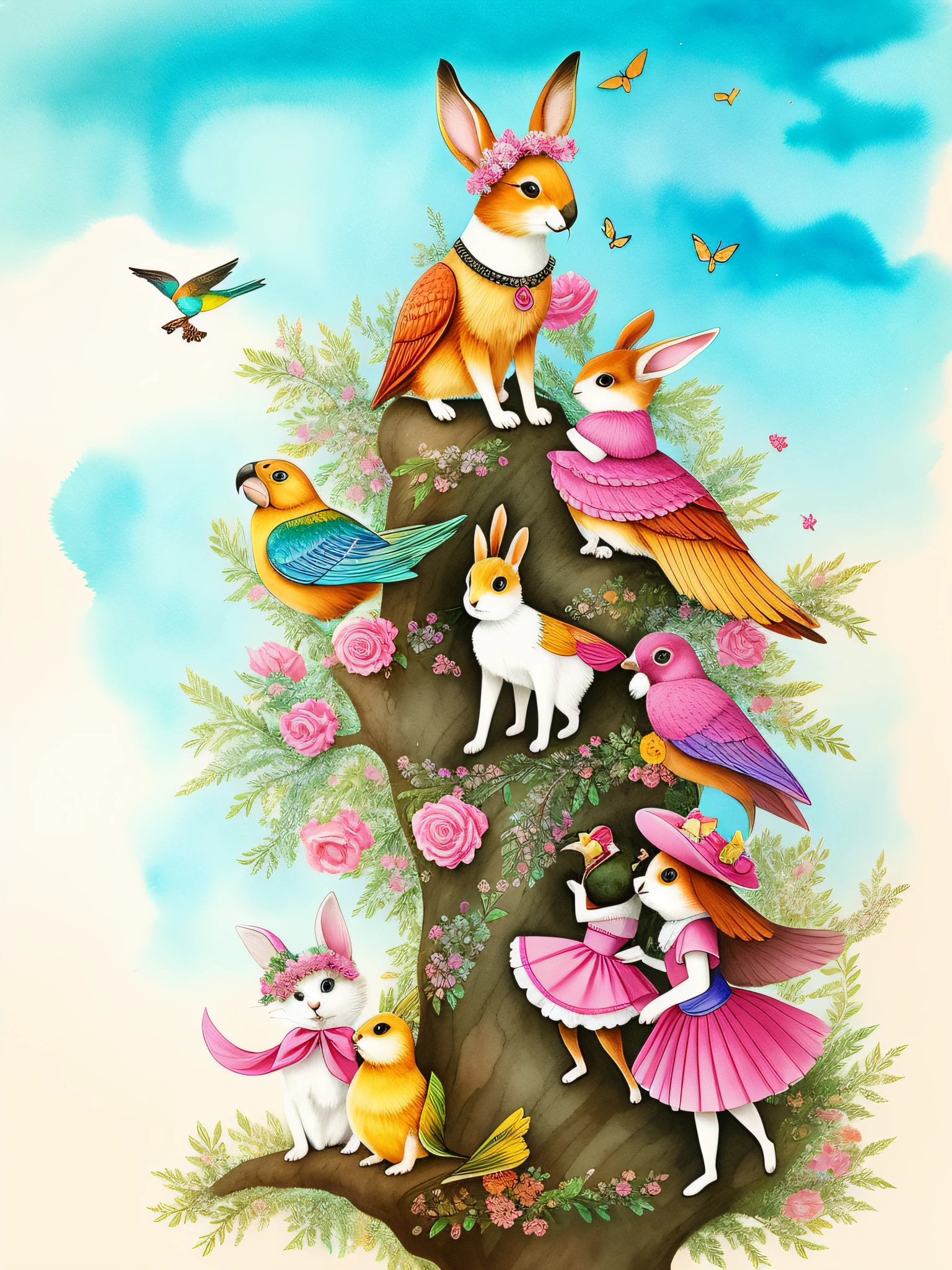 A whimsical meadow dotted with a glamorous dog wearing a sequined pink tutu and a diamond-studded collar, an elegant cat adorned with a floral crown and a flowing silk scarf, a playful rabbit wearing a dapper bowtie and carrying a tiny leather backpack and a mischievous parrot perched on a branch, donning a pirate hat, their eyes filled with curiosity and a sense of longing, as they gather around an ancient tree, whose branches reach towards the sky in a hopeful gesture, Illustration, created with watercolor and ink, using vibrant colors and intricate linework to convey the animals' emotions and the magical atmosphere of the scene, --ar 9:16 --v 5