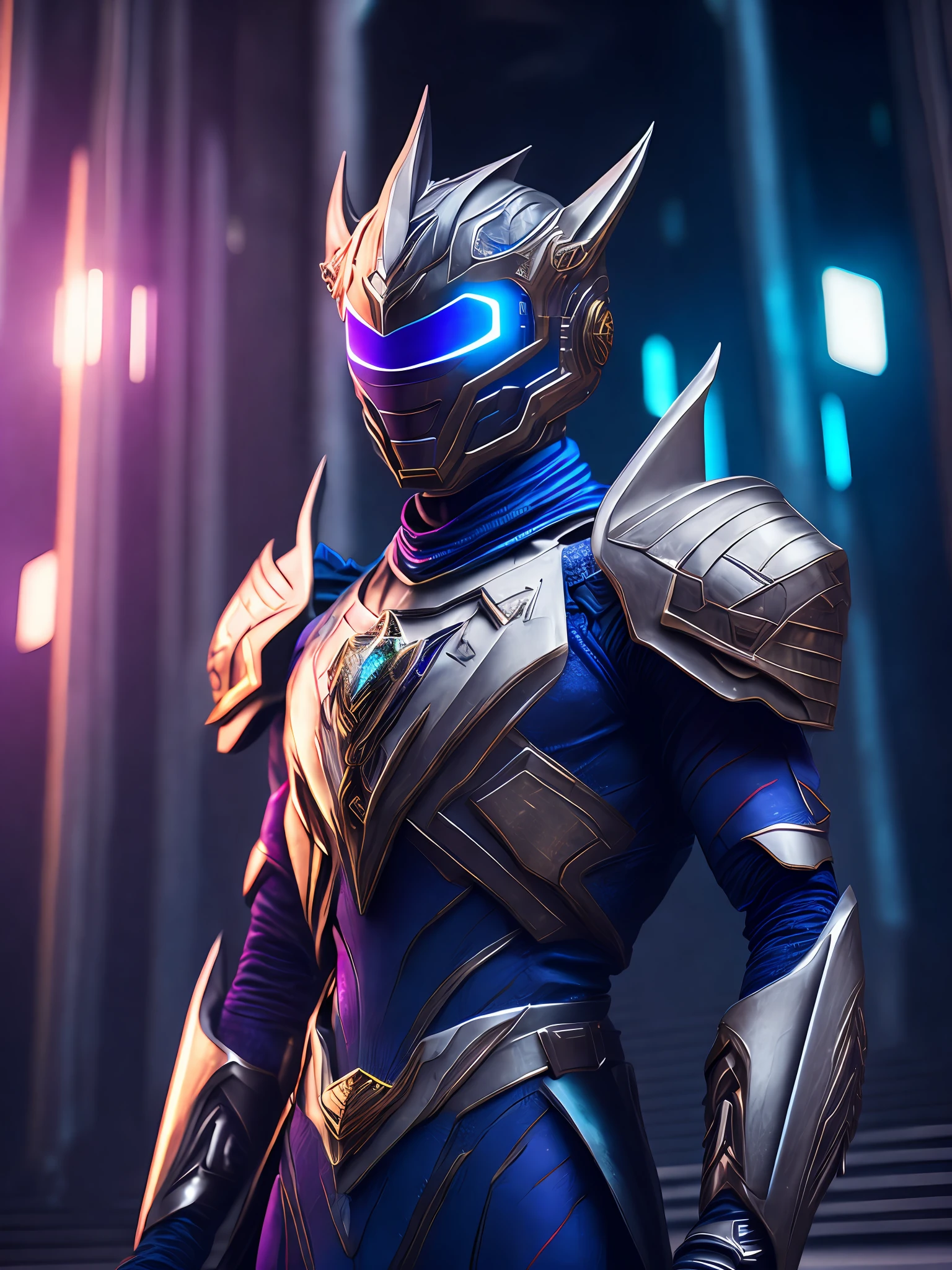 somber portrait of Cosmic Fury Zenith Ranger from Power Rangers, with intricate angular cybernetic implants inside a brutalist building, gothic brutalist cathedral, cyberpunk, award-winning photo, bokeh, neon lights, cybernetic limb