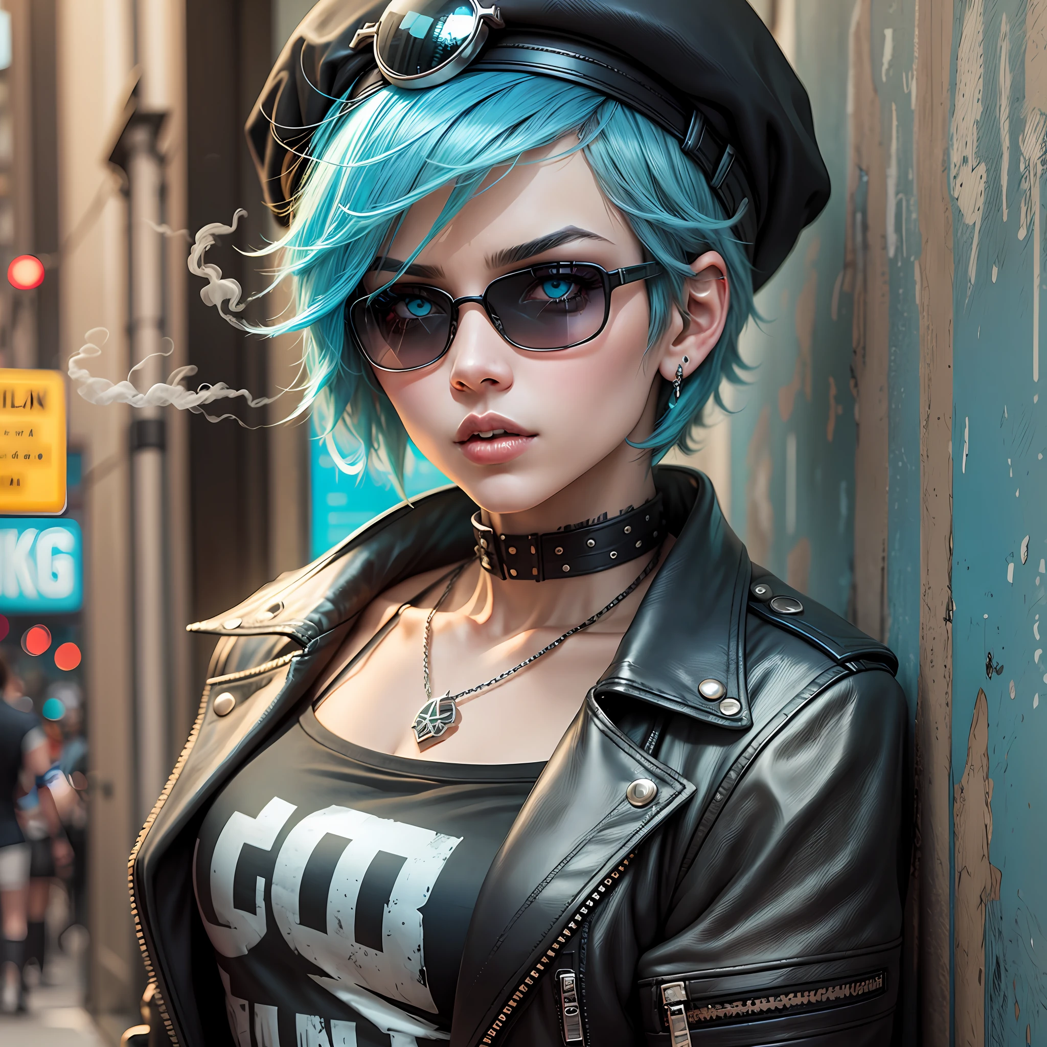 cyan emo short hair, punk hair, grey eyes, heavy metal girl, (solo), tomboy, smoking cigarette, sunglasses, Elonglin Beret
