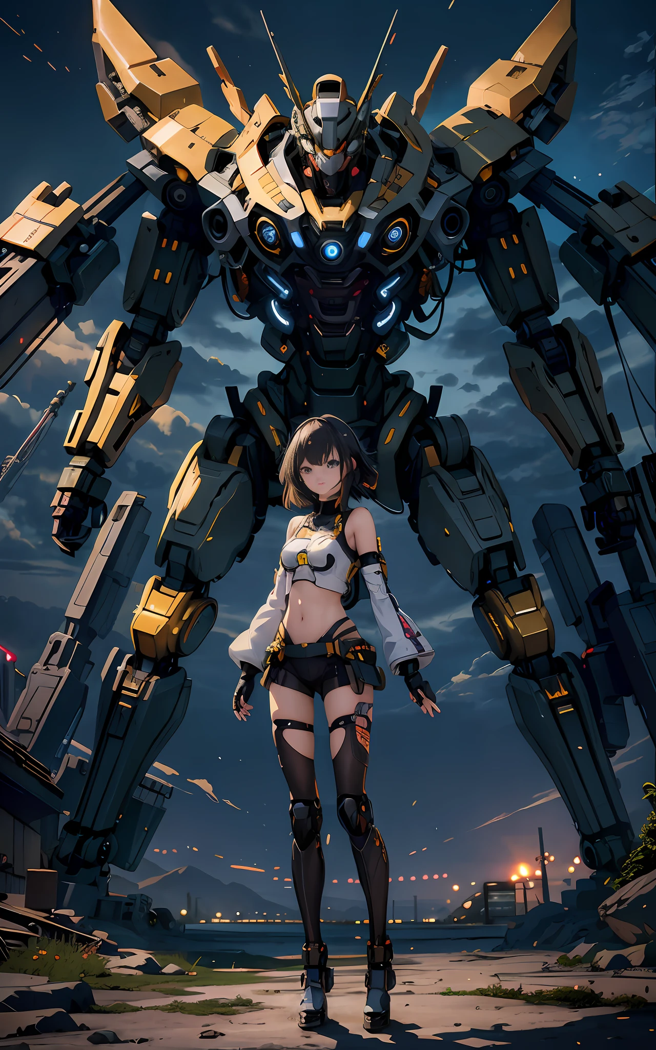 anime girl standing in front of giant robot with a sky background, cyberpunk anime girl mech, best anime 4k konachan wallpaper, mechanized valkyrie girl, mecha asthetic, anime mecha aesthetic, female mecha, girl in mecha cyber armor, an anime large mecha robot, badass anime 8 k, digital cyberpunk anime art, mecha art