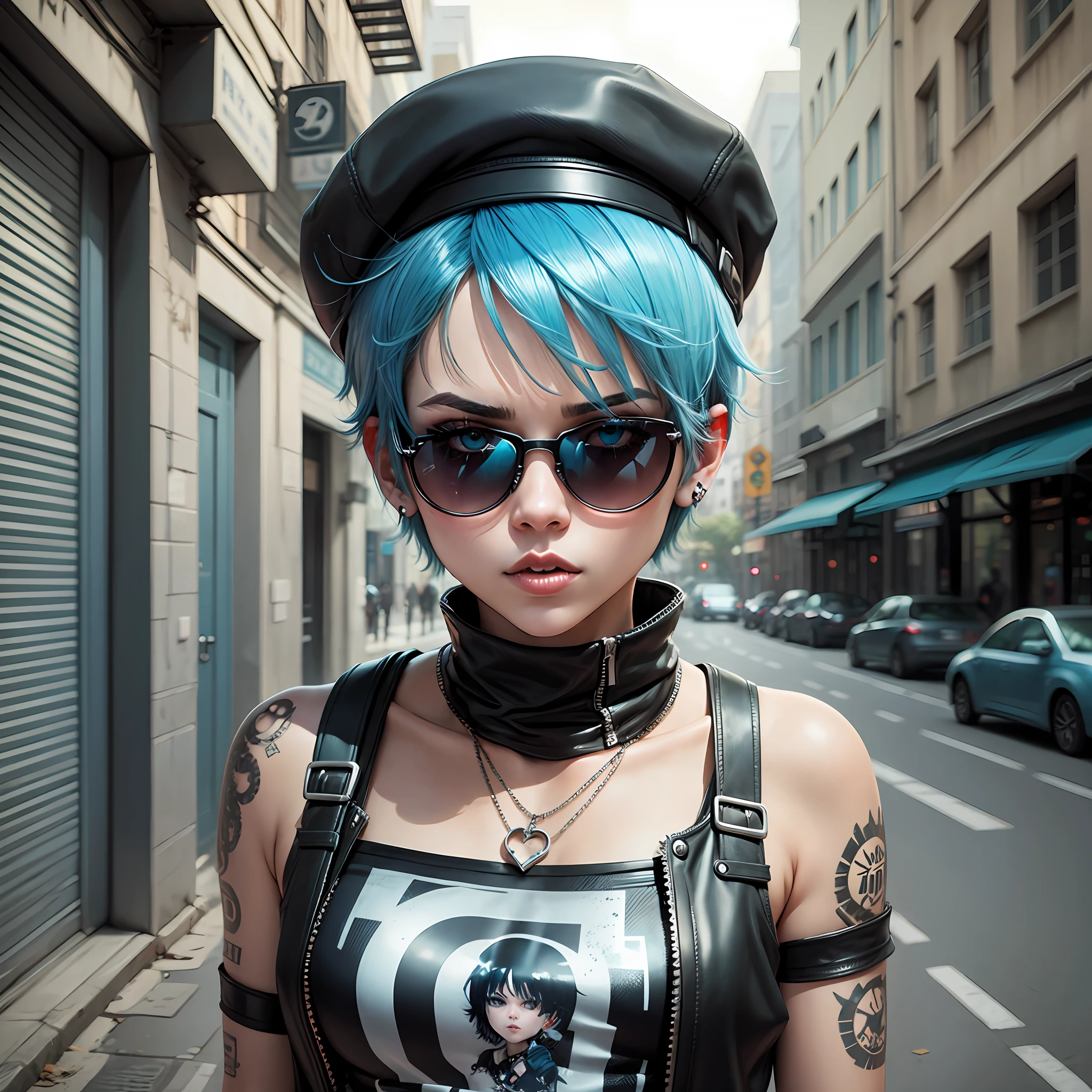 cyan emo short hair, punk hair, grey eyes, heavy metal girl, (solo), tomboy, smoking cigarette, sunglasses, Elonglin Beret