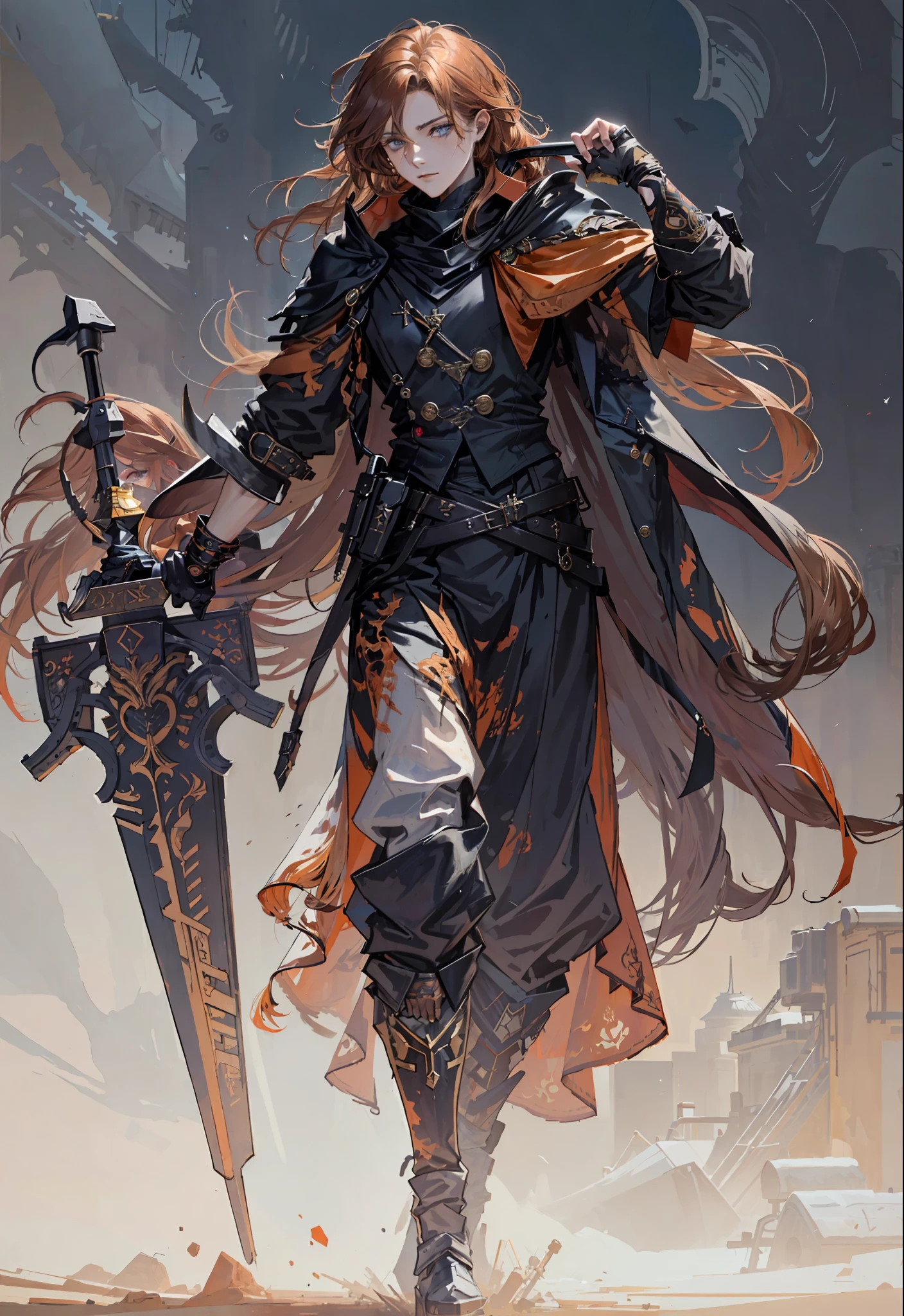 masterpiece,best quality,painting of a man,((diabolist, intricate outfit, Burnt Orange theme)),depressed look,powerfully built slender man,long hair,Musket Brown hair,side-swept fringe,Indigo Blue eyes,tall,boreal desert,intricate background,dynamic pose,action scene