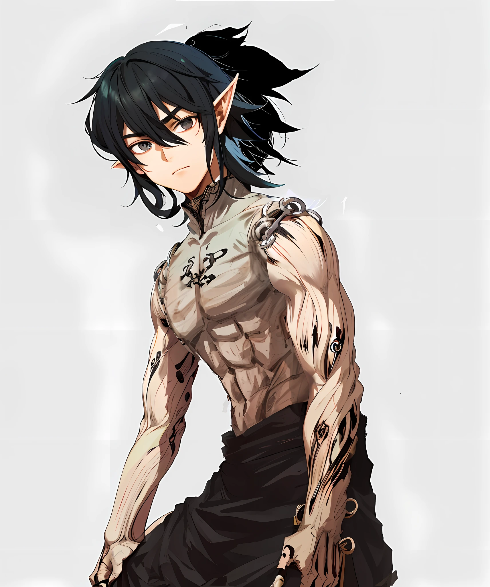 Gray eyes,black hair,male elf,expressionless face.