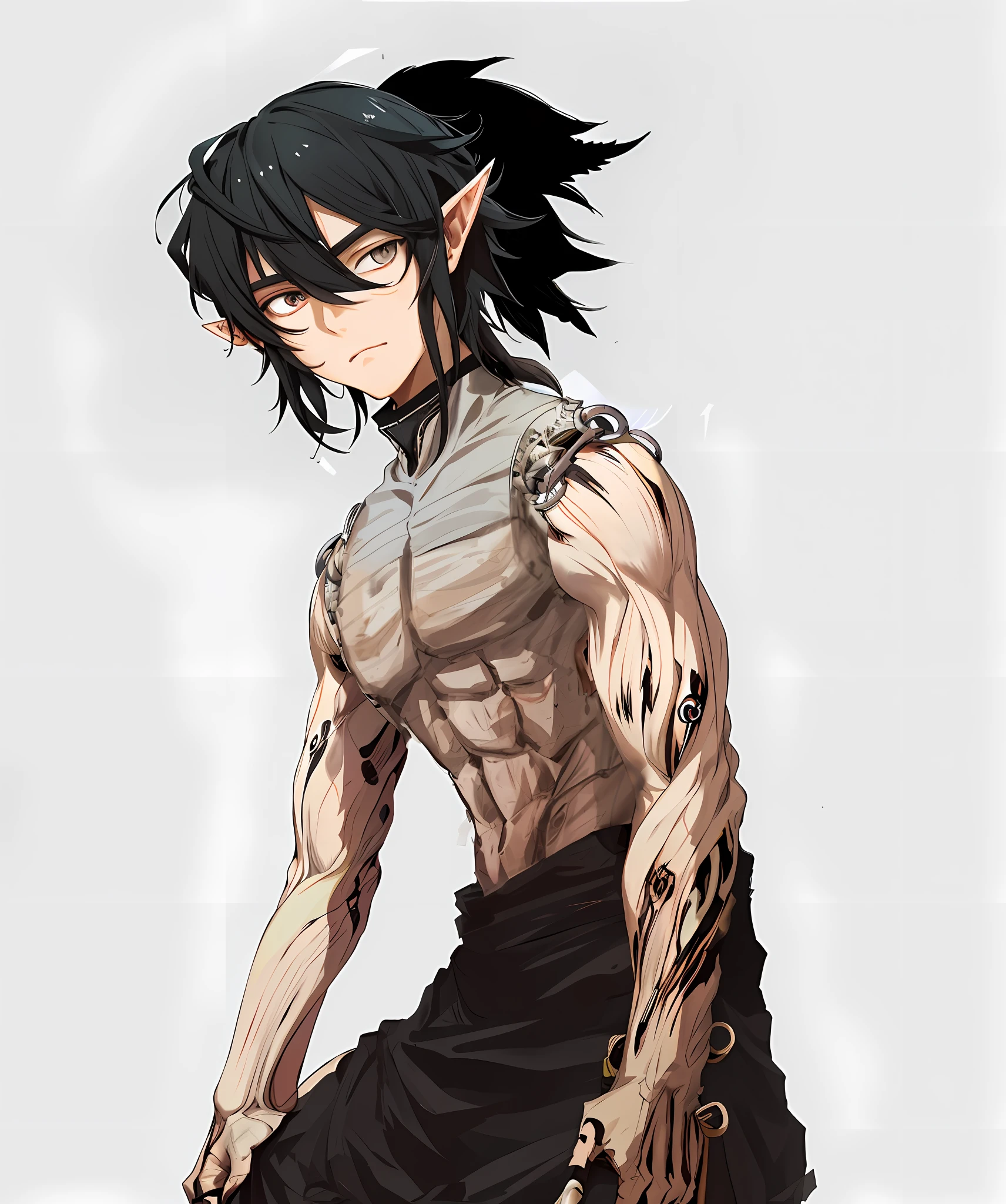 Gray eyes,black hair,male elf,expressionless face.