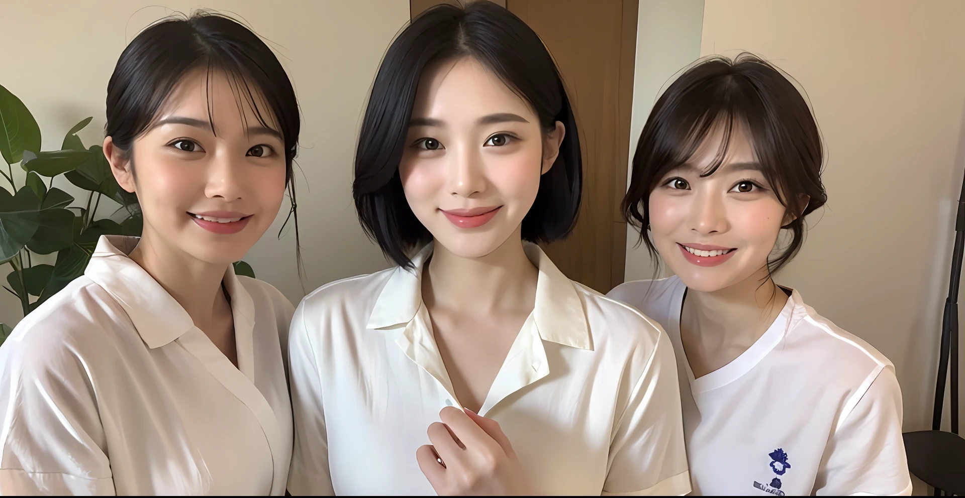 Top Quality, 8k, 32k, Masterpiece, UHD: 1.2), Cute Japan Woman Pictures, 1 Girl, (Medium Short Black Hair), Double Eyelids, Big, Smile, Therapist, Uniform, ((Pure White Tunic))), White Pants, Treatment Room, Massage, Bed, Plants, Close-up, Standing, Short Sleeves, Candles, Holding Towel in Hand, One Woman, From the bottom