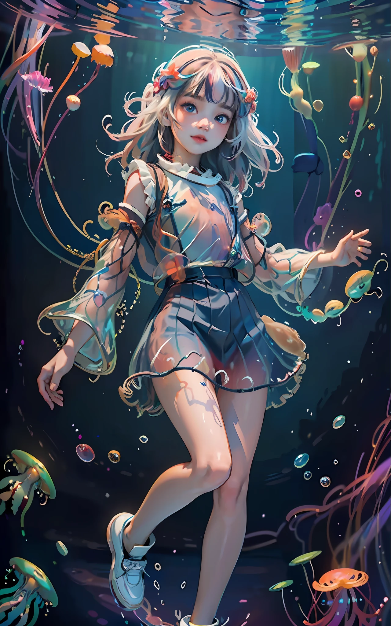 masterpiece), (best quality), masterpiece (official art, extremely detailed 8k CG unity wallpaper), supreme detail, photography, (very detailed), ((absurd)), 1girl, mid-shot, (exquisite facial features), (serafuku: 1.3) (( SFW)),((light hands)), ((white thighs without shoes)),aqua eyes, colored contact lenses, stars in eyes, ((((colored bubble))), colored glass, (album cover), Her hair stood out floating above her head, multicolored bubbles, she buddies a black skirt with flower embroidery, she is underwater, she floats in the water, she reaches out to a shiny and translucent fish, colorfull, air bubble, letterboxed, jellyfish, particles of light