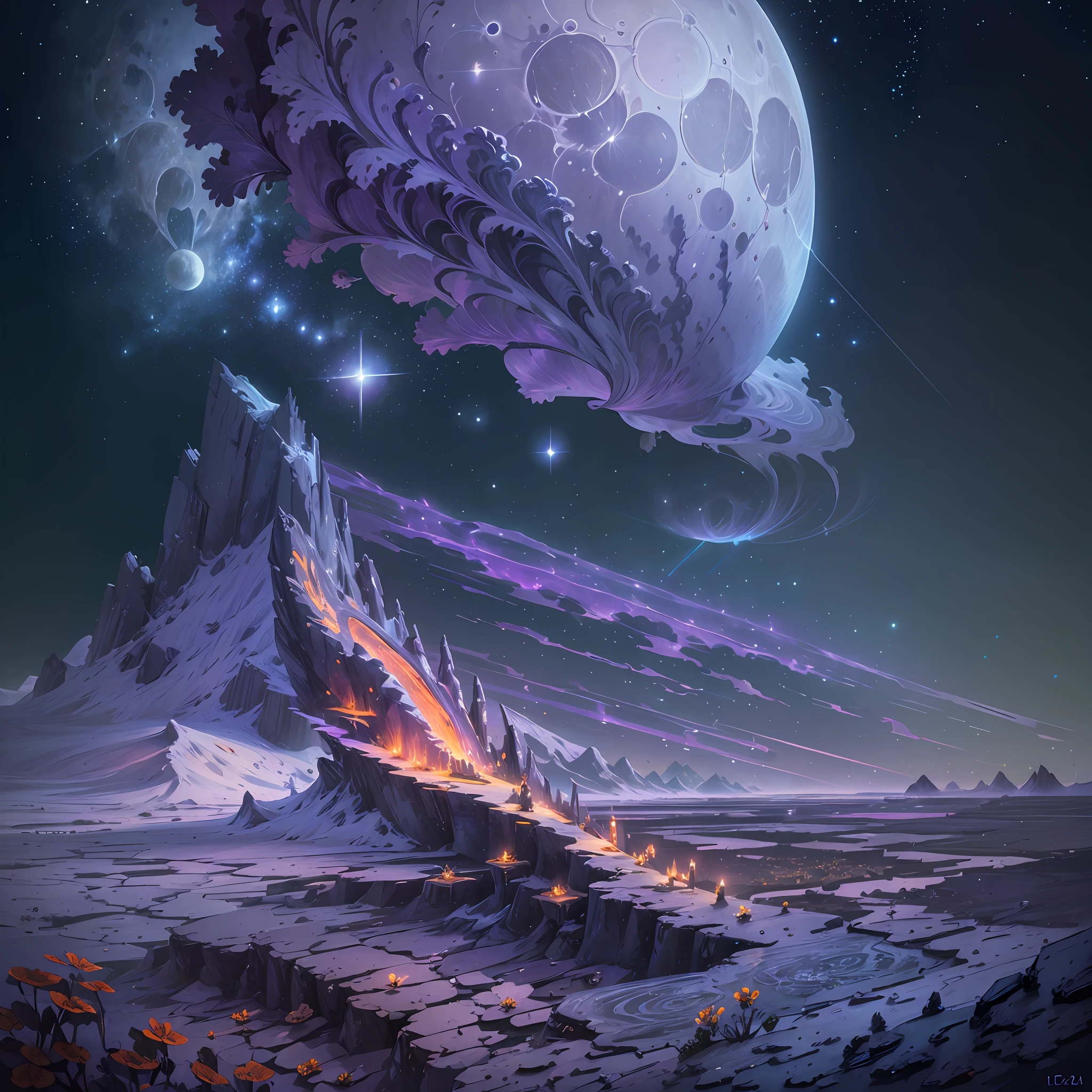 expansive landscape photography, (a view from below showing the sky above and the open field below), a girl standing in a field of flowers looking up, (full moon: 1.2), (shooting stars: 0.9), (nebula: 1.3), distant mountain, tree BREAK production art, (hot light source: 1.2), (Firefly: 1.2), lamp, very purple and orange,  complex details, volumetric lighting BREAK (masterpiece: 1.2), (best quality), 4k, ultra-detailed, (dynamic composition: 1.4), highly detailed color details (iridescent colors: 1.2), (bright lighting, atmospheric lighting), dreamy, magician, (soil: 1.2) cemiterio, skull --auto --s2
