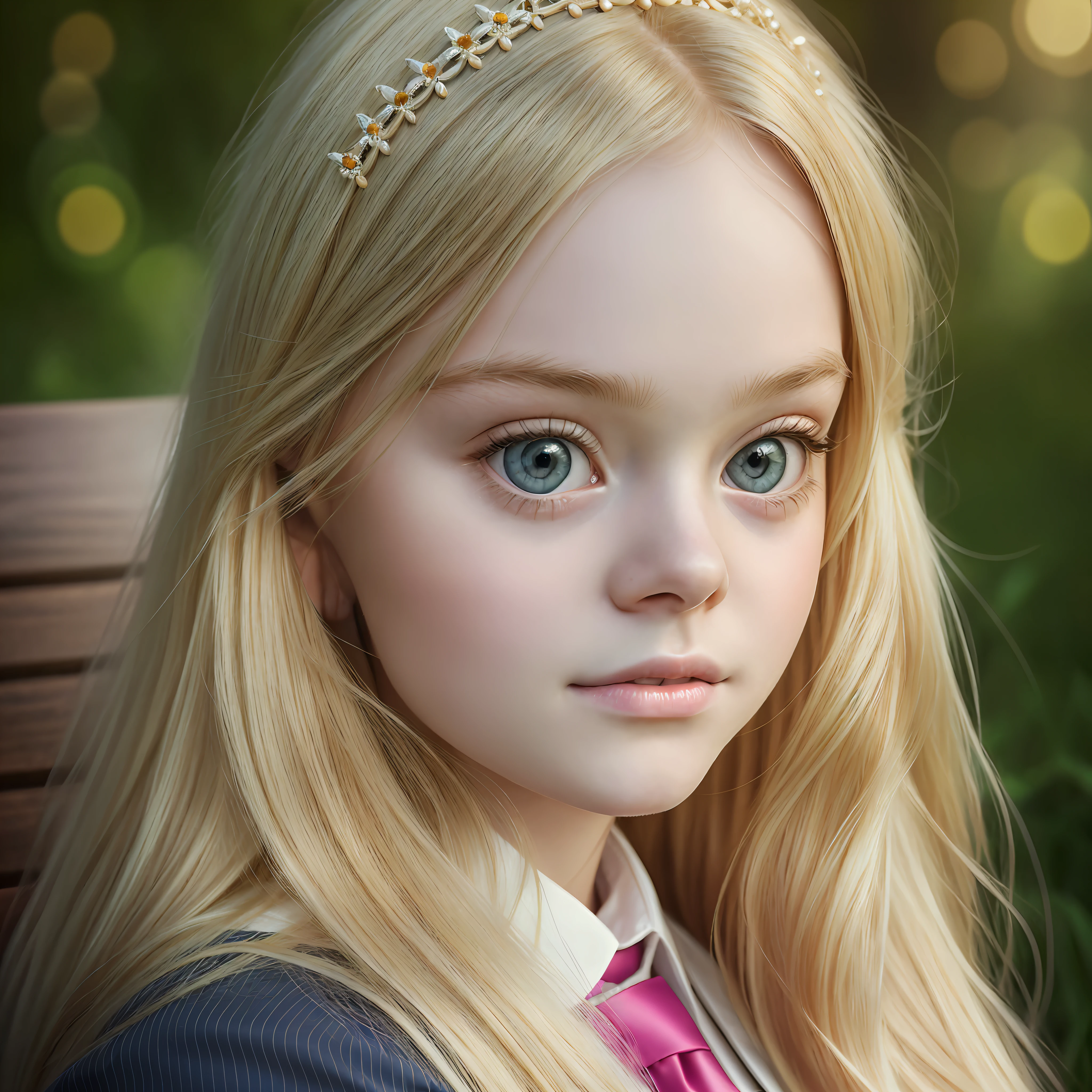 Child face, Elle Fanning, blonde haired girl (11 years old) with a tie seat on a bench, blonde - princess haired, lovely languid princess, beautiful young model, beautiful princess, beautiful female princess, a dazzling young ethereal figure, princess portrait, with long blonde hair, portrait of a princess, long blonde hair and big eyes, princess portrait,  Beautiful young girl, long blonde hair, cute face, pink skin, best quality, ultra high resolution, (photorealistic), (detailed face and eyes), award-winning photographer, sharp focus, realistic lighting, textured skin, very real, totally real --auto --s2