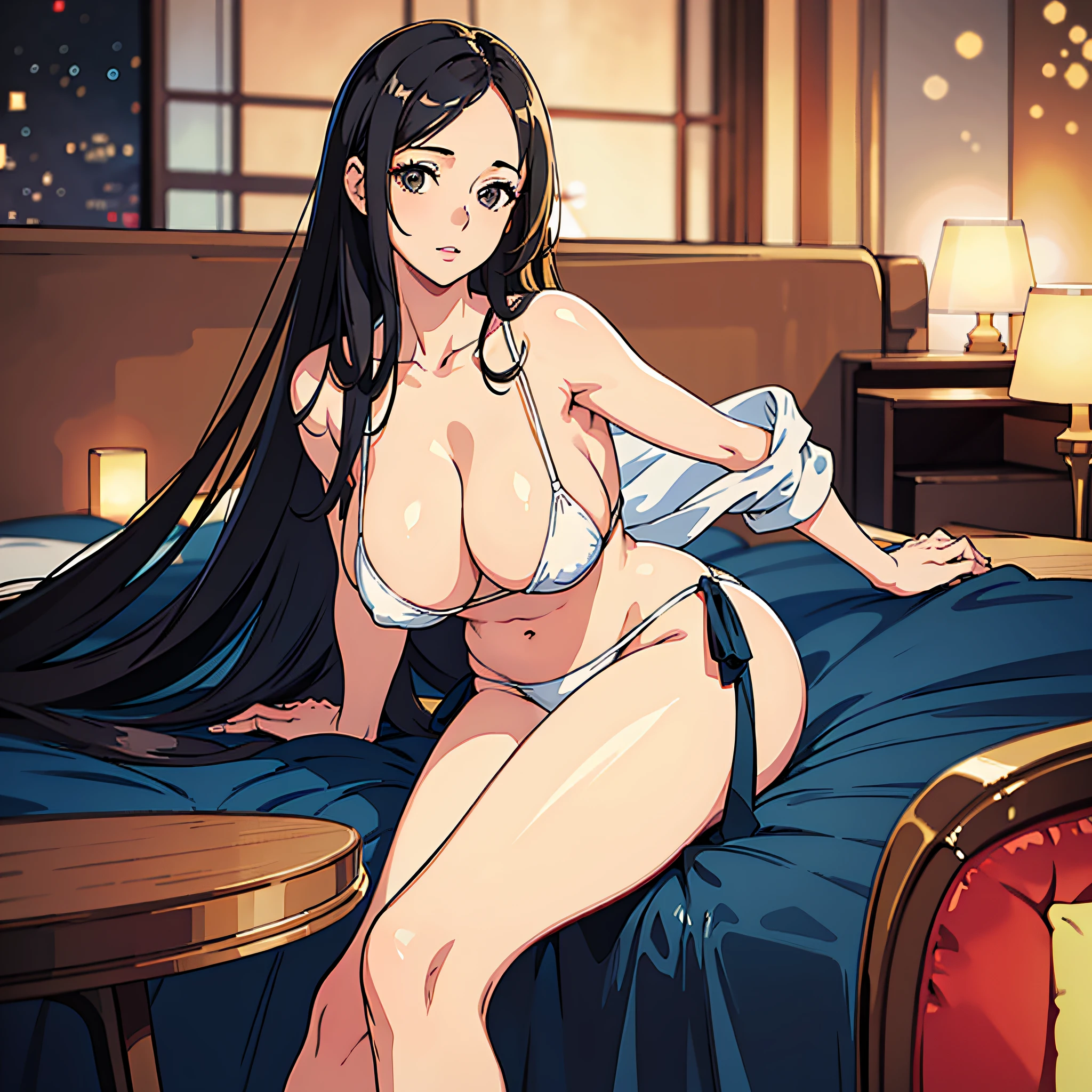 Masterpiece:1.2, best quality), realistic, (realistic, polished, depth of field), high detail, perfect face shape, perfect body, oversize model, mature woman, tall long legs, natural background bokeh, bikini, big breast, nsfw