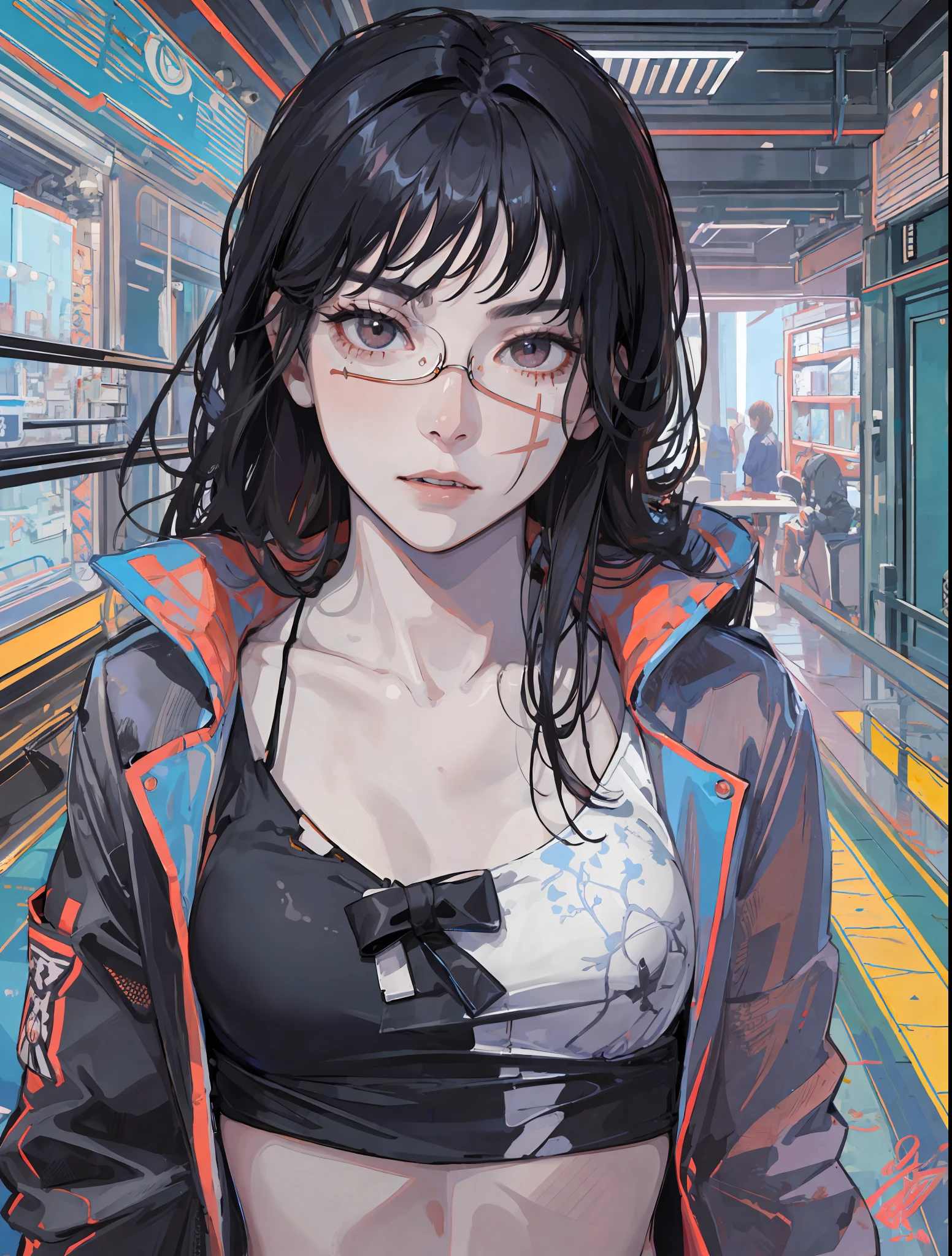 ((masterpiece, best quality)), (1girl), (solo), (female focus), yoru\(chainsaw man\),(very detailed face, real image, realistic white skin, realistic body, intricate details), upper body, focus on face, glasses, black hair, intimidating look, casual clothes.