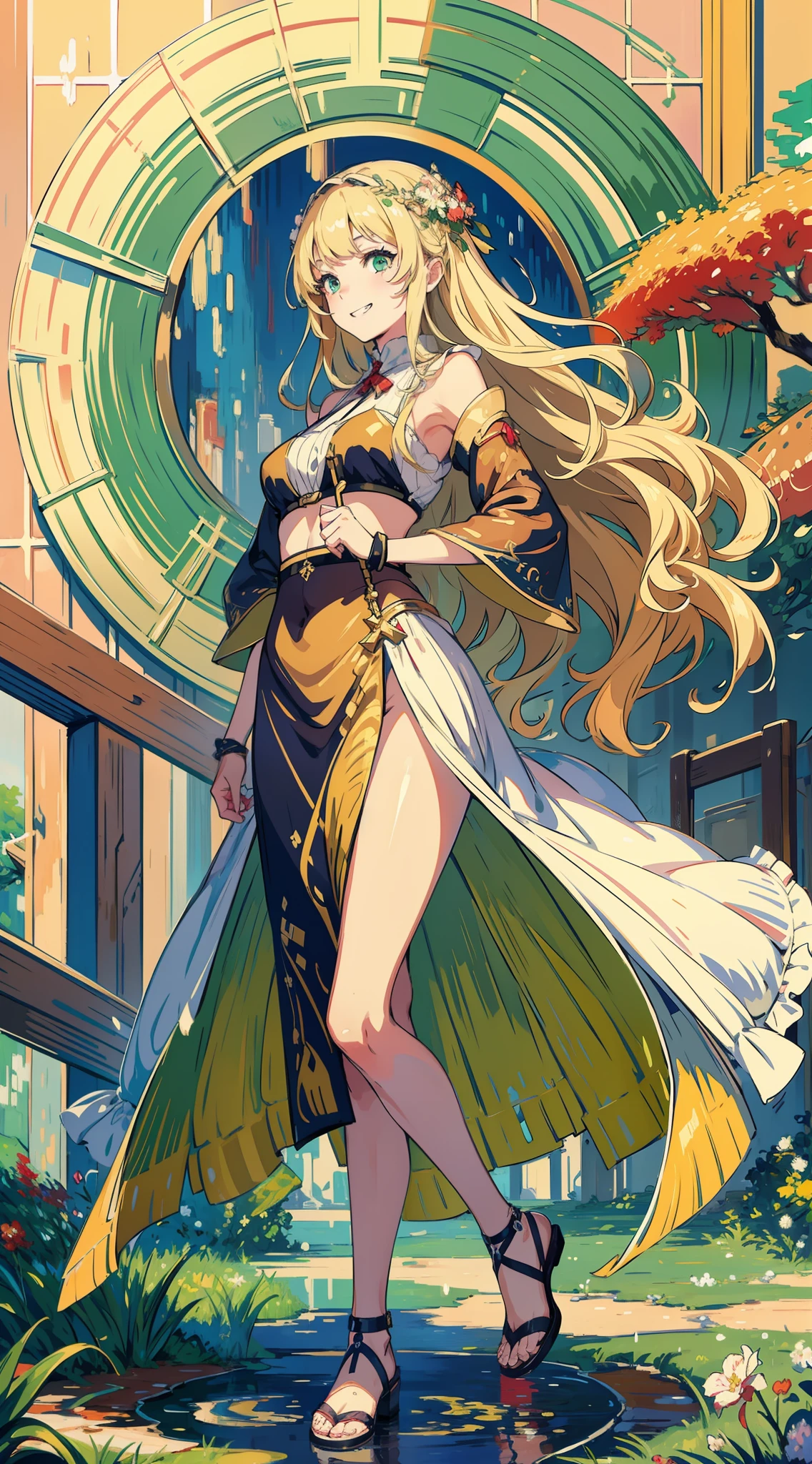 (masterpiece, sharp focus, illustration), detailed face, detailed eyes, detailed hands, (beautiful face:0.4), MAJESTIC FULL PICTURE OF A GODDESS, 1girl, solo, small breasts, loli, sassy loli, grin, smile, tied bangs, long bangs, messy hair, perfection, looking away, standing, crop top, very very long blonde hair, wavy hair, messy hair, beige hair, green eyes, (impressionism:1.4), white dress, greek clothes, highres, ultra detailed, abstract background, multicolored background, ugly background, splash art, official art, beautiful, perfect anatomy