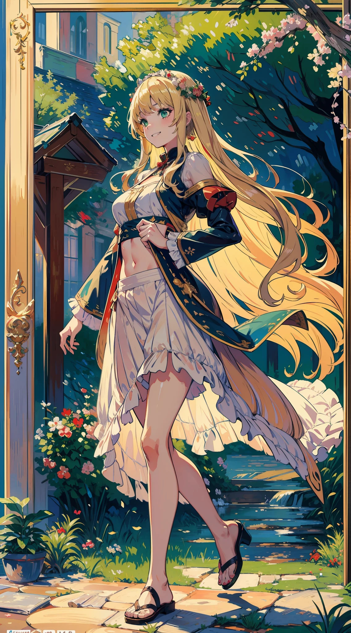 (masterpiece, sharp focus, illustration), detailed face, detailed eyes, detailed hands, (beautiful face:0.4), MAJESTIC FULL PICTURE OF A GODDESS, 1girl, solo, small breasts, loli, sassy loli, grin, smile, tied bangs, long bangs, messy hair, perfection, looking away, standing, crop top, very very long blonde hair, wavy hair, messy hair, beige hair, green eyes, (impressionism:1.4), white dress, greek clothes, highres, ultra detailed, abstract background, multicolored background, ugly background, splash art, official art, beautiful, perfect anatomy