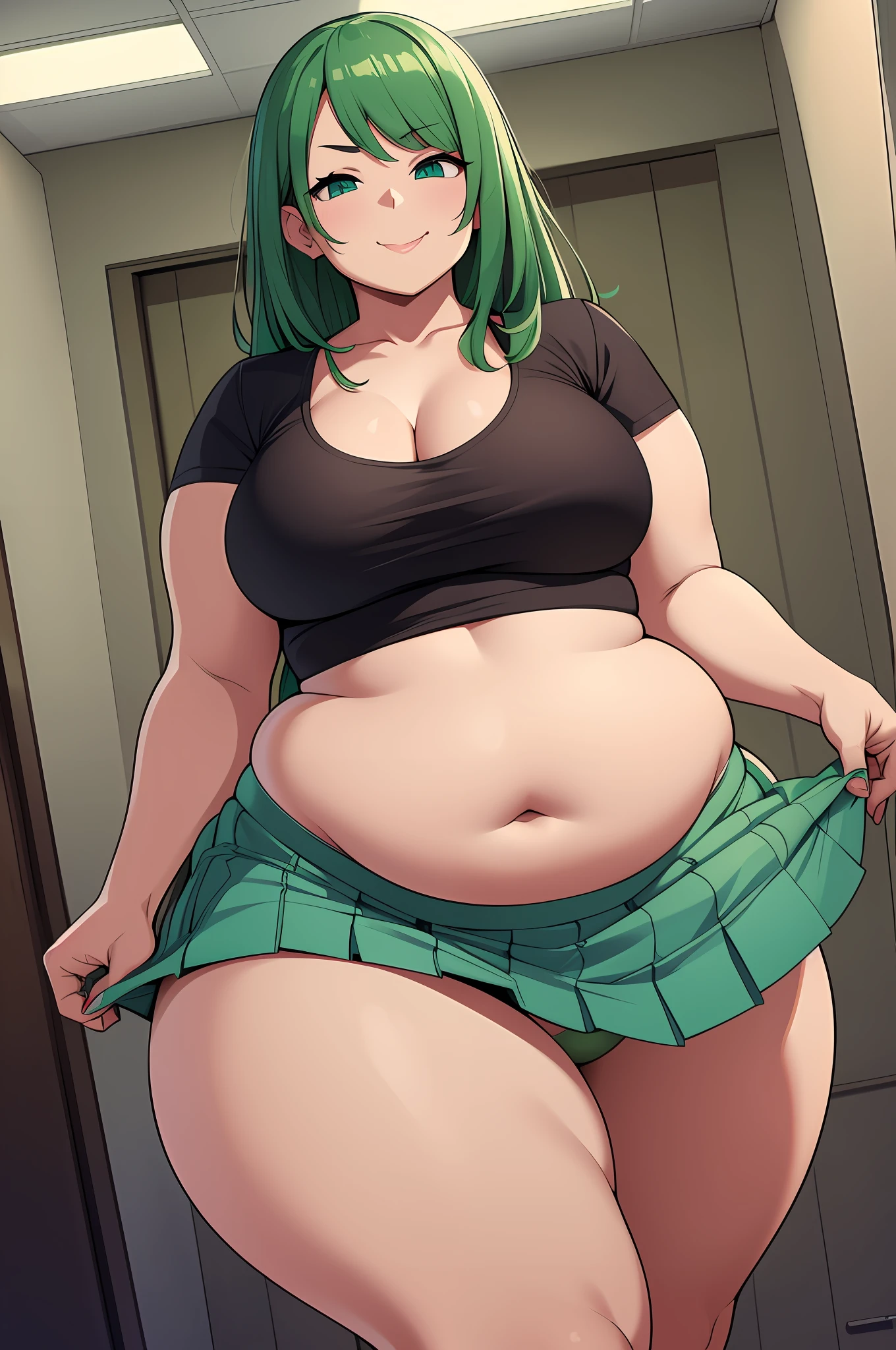 masterpiece, best quality, high resolution , standing, cowboy shots, show off panties, show off ass, look down, massive thighs, plump, enormous belly, smug smile, looking at viewer, flirting, lifting up skirt, green panties, wedgie, teasing, smug smile, chubby belly, bright lipstick, thick, thick lips, chubby, fat, wide, looking down at viewer, showing front of panties, standing in front of viewer, fat belly, wobbly belly, struggling with belly, green hair, belly sagging, belly showing, clothes too small, obese, overweight, flirty, lifting up shirt, massively fat, tight clothes, ripping out of clothes, vore belly, someone in belly, vulgar, confident look, one eyebrow raised, tongue out, no skirt, rubbing belly, looking hungry