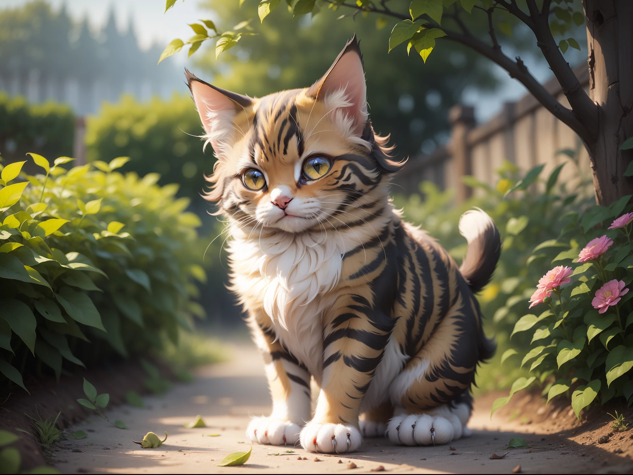 small cat, vibrant colors, big yellow eyes, big fur, sharp nails, tender look, garden background