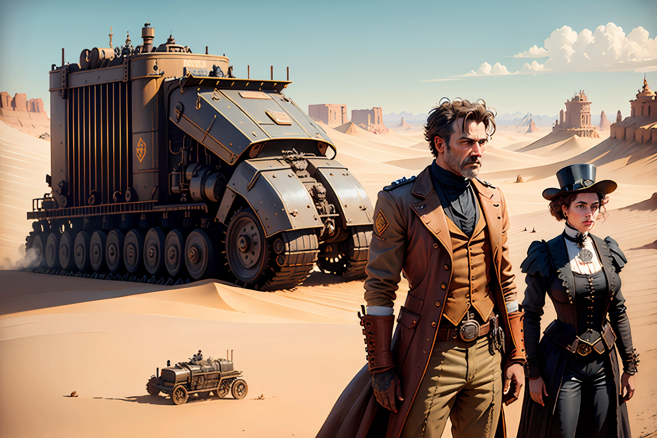 People, Victorian era, steampunk, poor, workers, 19th century, gears, desert, dystopian future, post apocalyptic, cinematic, 4k, render, unreal, colossal machines in the background, dune, madMax, Jules Verne.