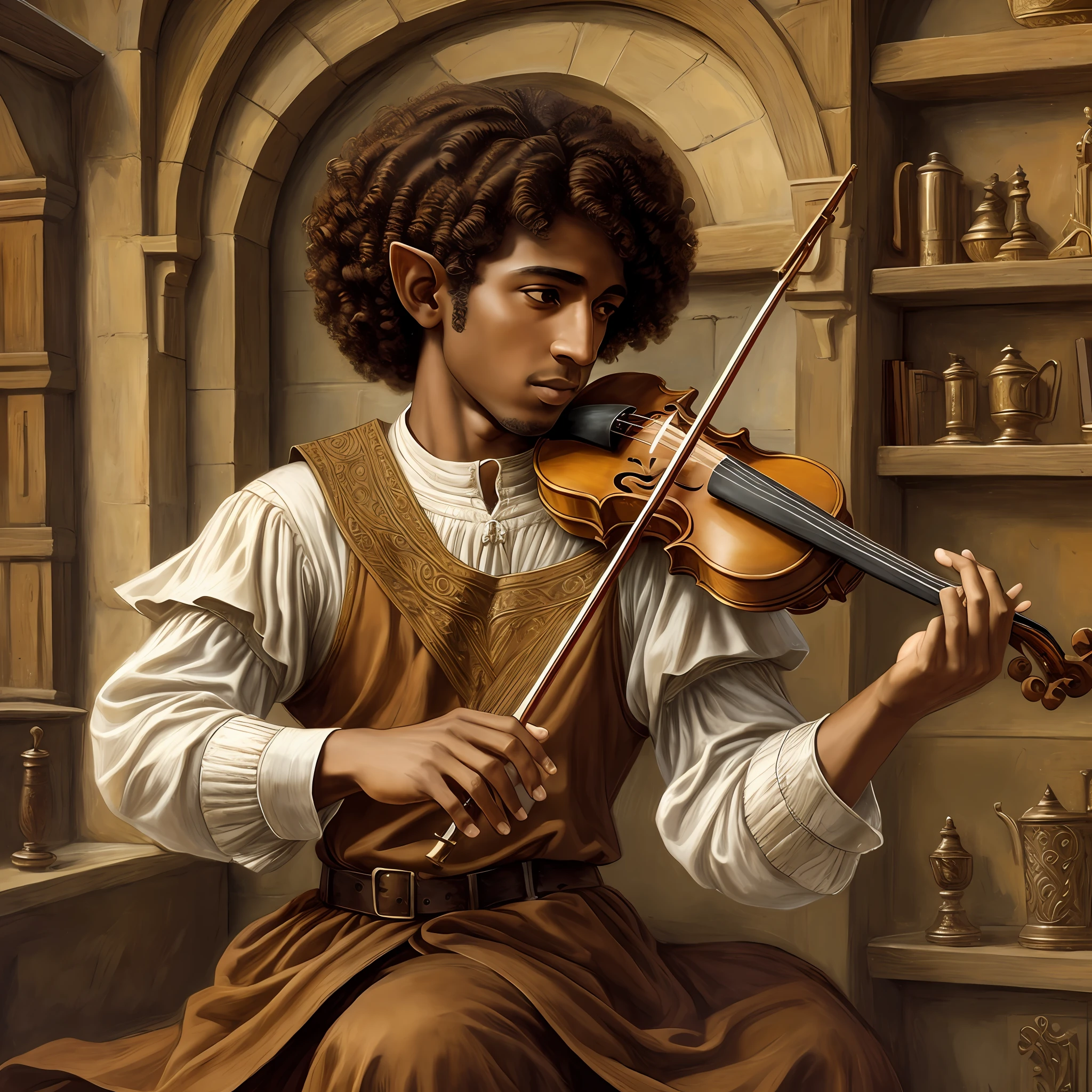 Brown skinned elf man with short curly hair playing the violin medieval realist art --auto --s2