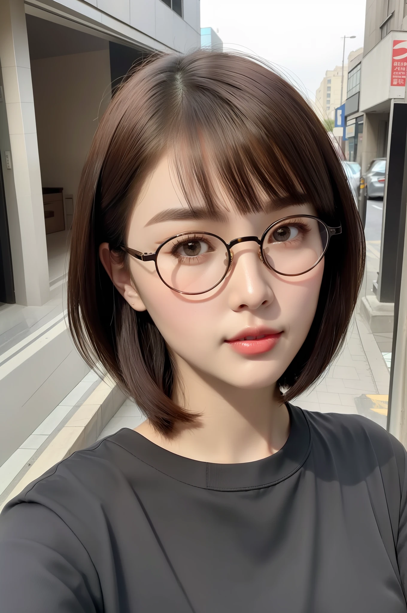 top quality, masterpiece, (realism: 1.2), 1 girl, black-rimmed round glasses, dark brown short bob hair, brown eyes, frontal, detailed face, beautiful eyes, city street