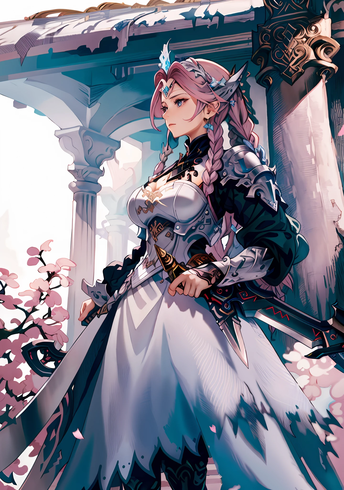 masterpiece, best quality, 1woman, (((weapon master))), intricate Heather Gray outfit, intricate background, very long hair, Bubblegum Pink hair, waterfall braid, Sky Blue eyes, swamp, sfw