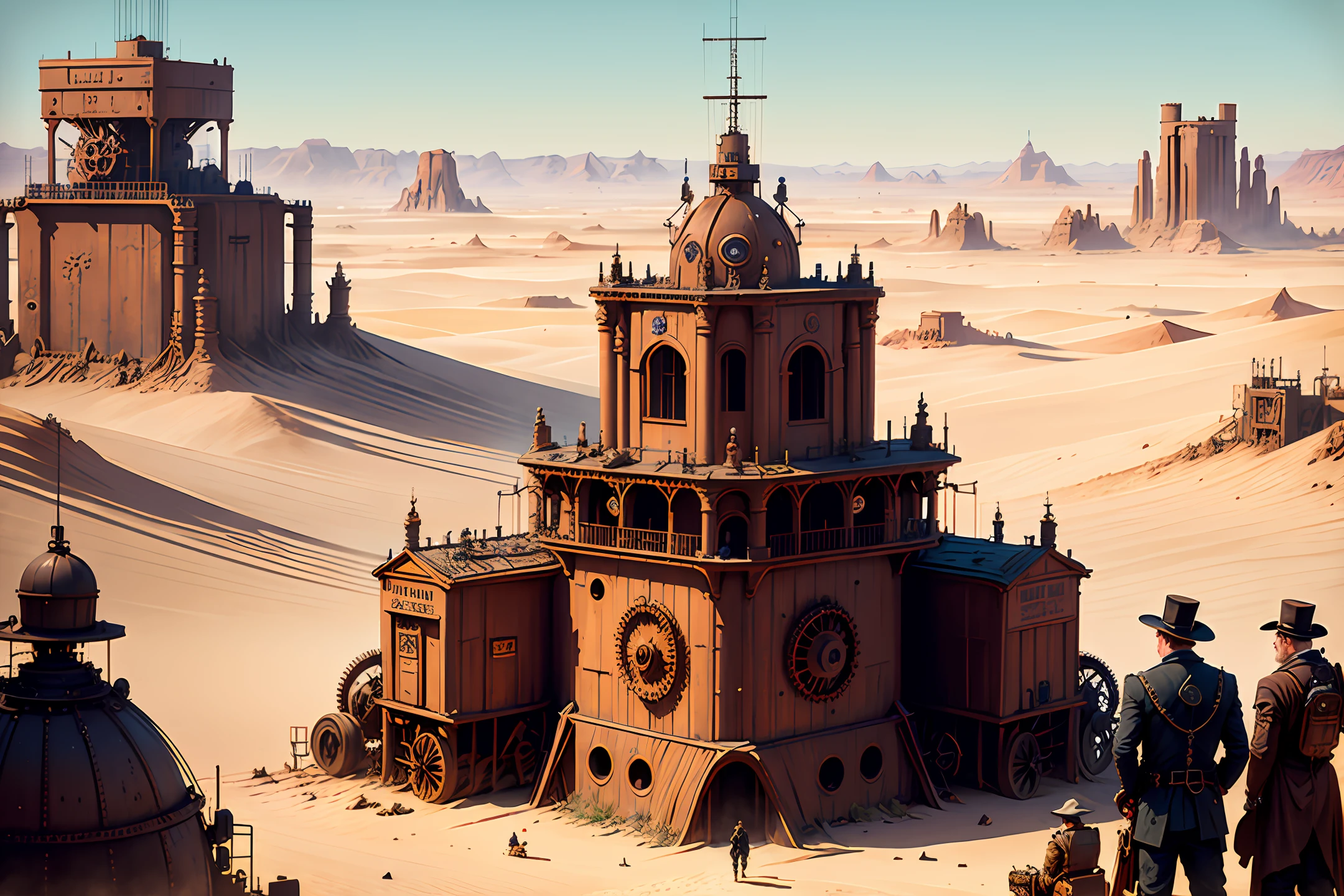 People, Victorian era, steampunk, poor, workers, 19th century, gears, desert, dystopian future, post apocalyptic, cinematic, 4k, render, unreal, colossal machines in the background, dune, madMax, Jules Verne.