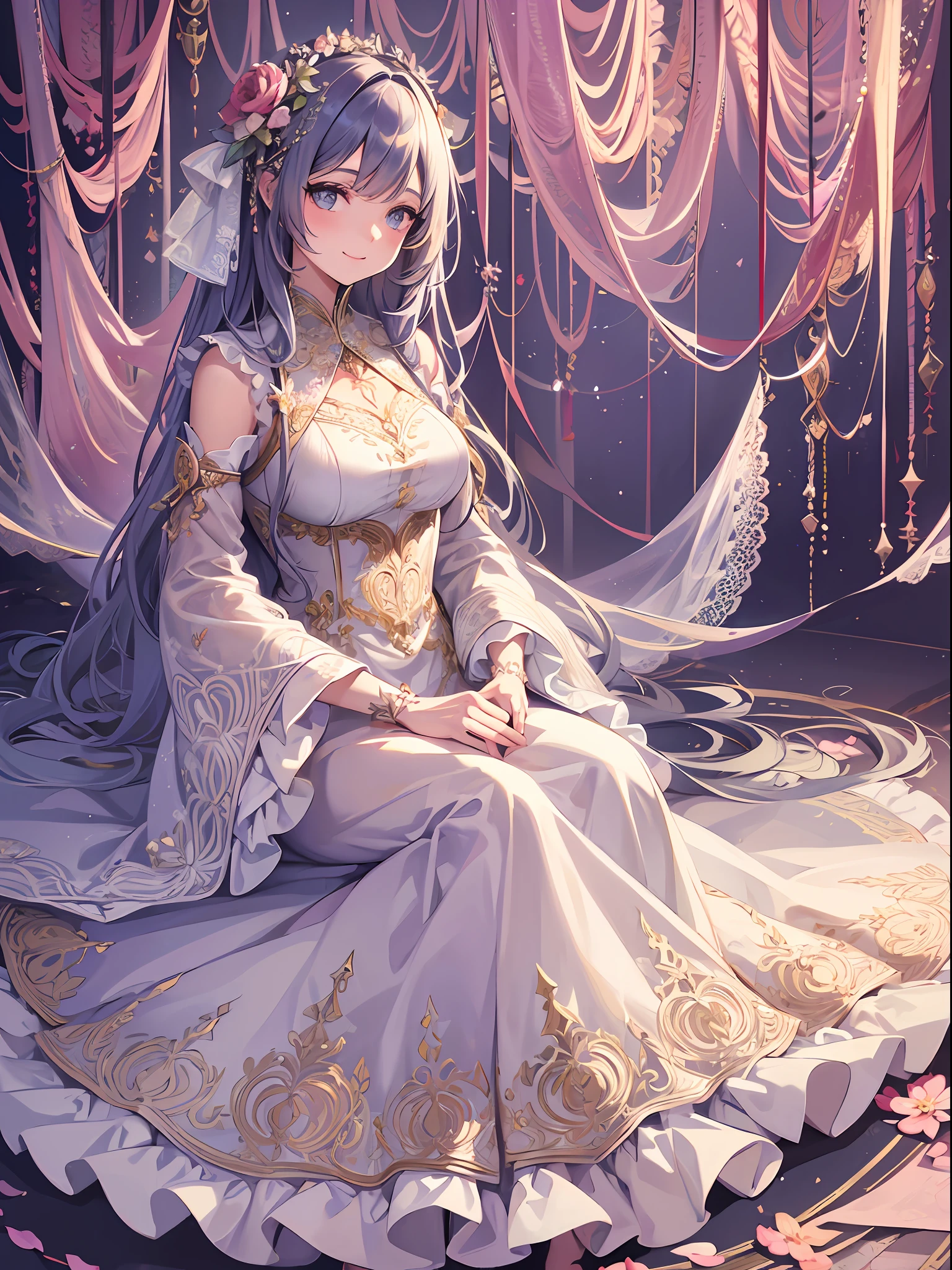 beautiful girl wearing Beautiful flower pattern long dress, long semi transparent Sleeve, sit, light smile, beautiful creative circle background, silky, smooth, frilly, beautiful, high detailed, intricate, masterpiece, ultra detailed, absurdres, highres