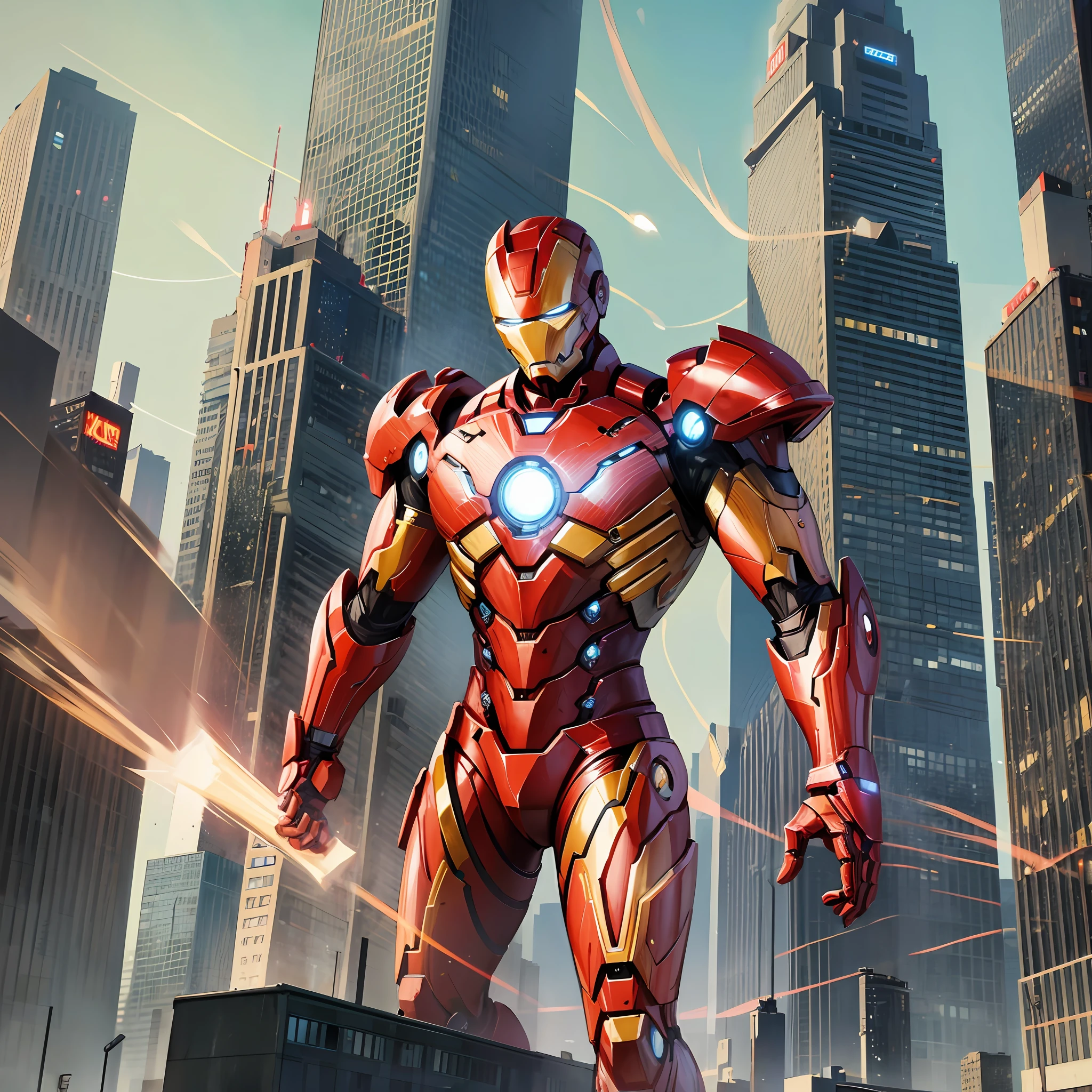 "Conceptual image of the Avengers War Machine in a city with skyscrapers in the background. Detailed portrait of the legendary Tony Stark, also known as Iron Man. He is dressed in superior armor and expresses a heroic attitude. Detailed descriptions of the War Machine and Iron Man costumes will help make them stand out in their missions. #MCU #marvelcomics #tonystark #warhammer #homemdeferro." (en) --auto --s2