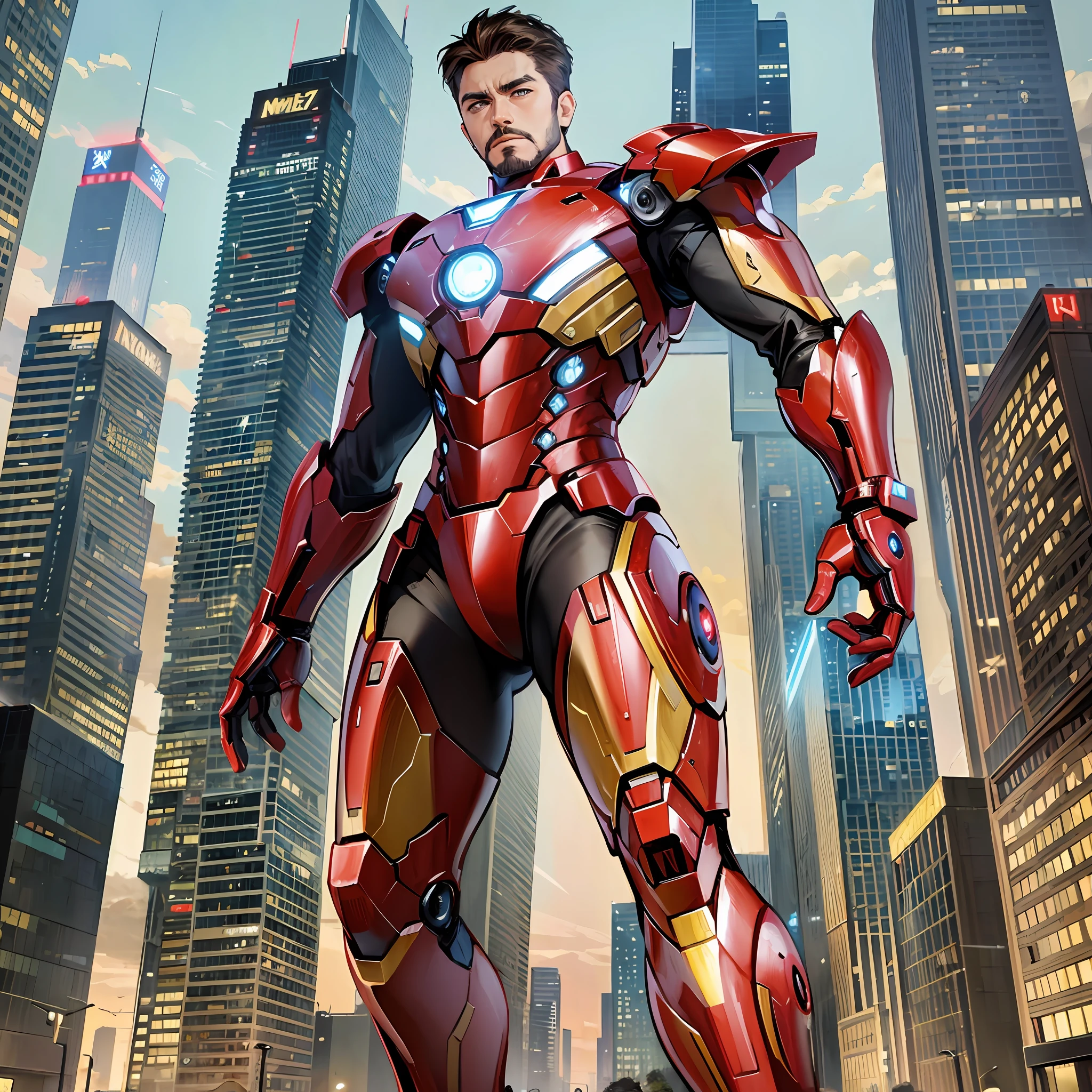 "Conceptual image of the Avengers War Machine in a city with skyscrapers in the background. Detailed portrait of the legendary Tony Stark, also known as Iron Man. He is dressed in superior armor and expresses a heroic attitude. Detailed descriptions of the War Machine and Iron Man costumes will help make them stand out in their missions. #MCU #marvelcomics #tonystark #warhammer #homemdeferro." (en) --auto --s2