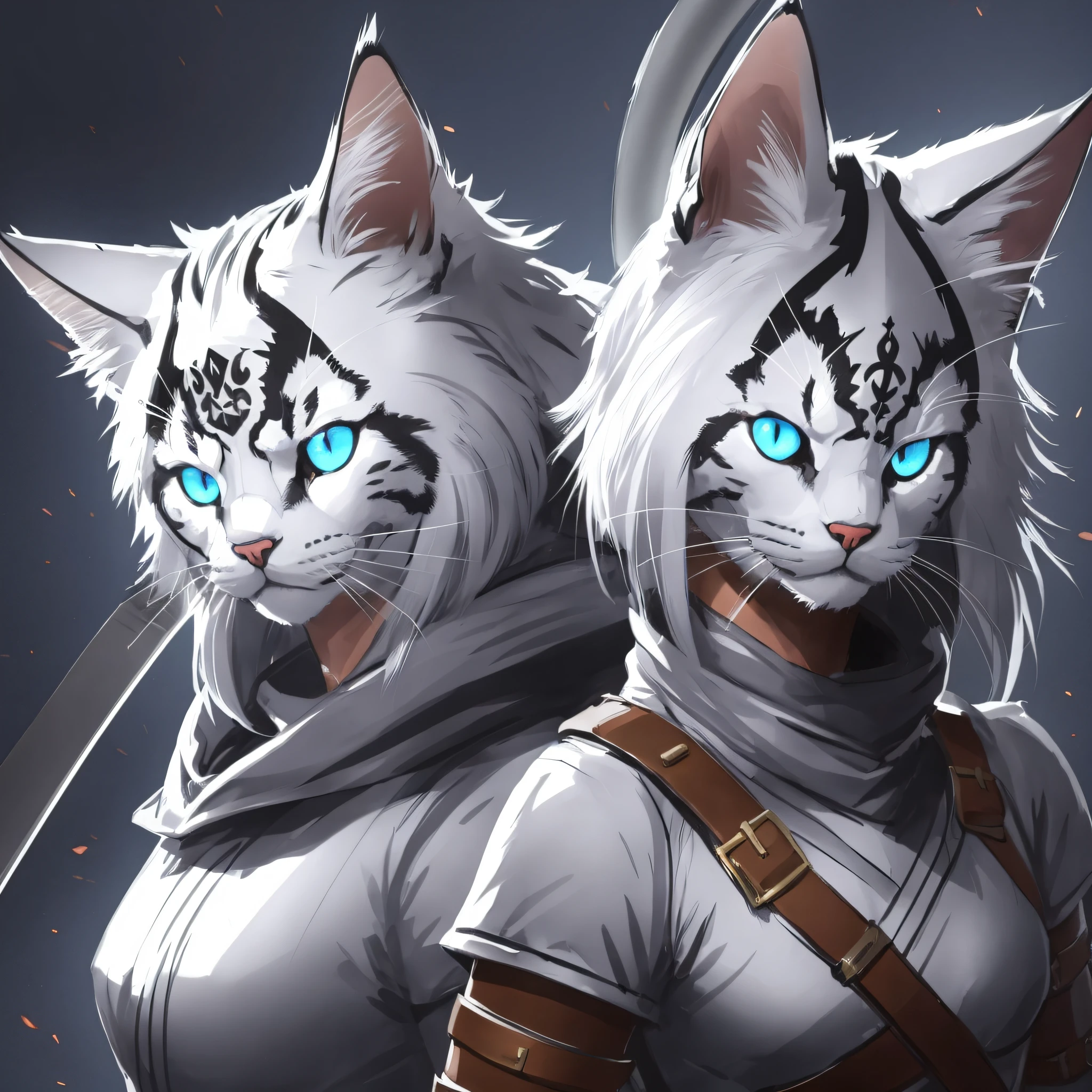 hero with cat head warrior with cat head and with two swords on the back concept art, super detailed 8k sketch 1:1, dilated pupils, hairpods, animal ears, cinematic lighting, glowing light, drop shadow, Conceptual art simple background,