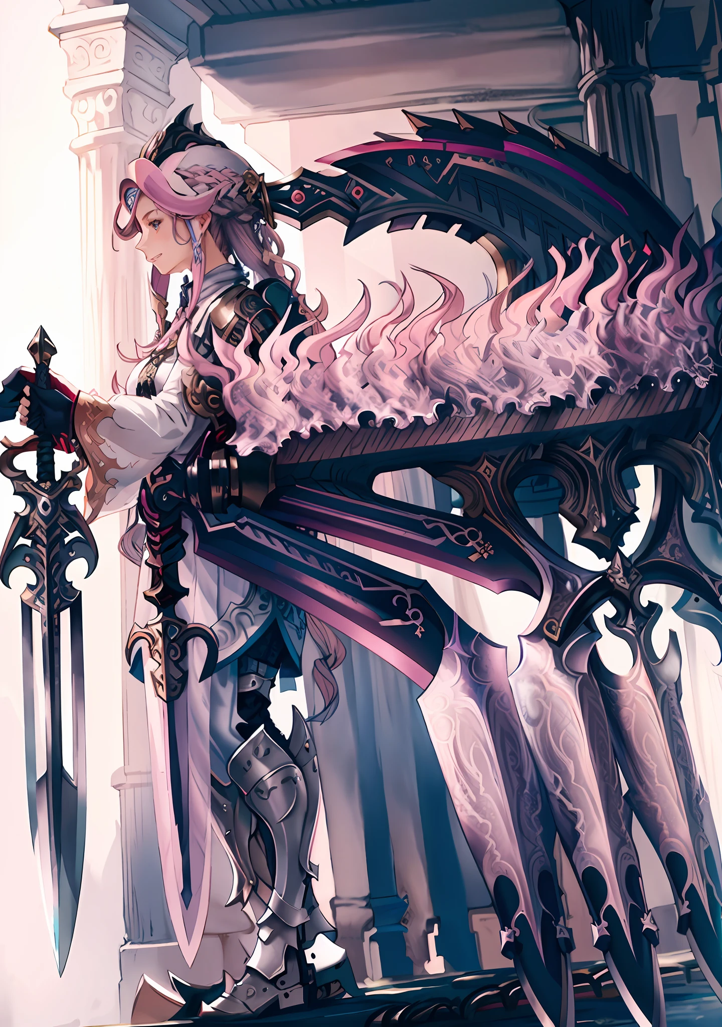 masterpiece, best quality, 1woman, (((weapon master))), intricate Heather Gray outfit, intricate background, very long hair, Bubblegum Pink hair, waterfall braid, Sky Blue eyes, swamp, sfw